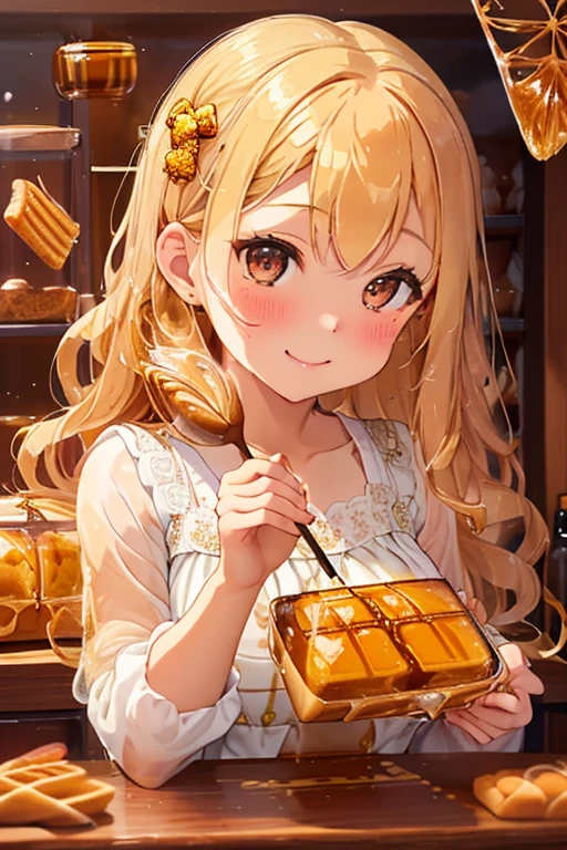 girl,cute,(blonde:1.2),(long hair with curls,:1.2),(With bangs),(Eye size:1.5),(Plaid Dresses:1.3),(A dress with lots of lace:1.35),(Honey garnish:1.4),(🍯:1.5),(A lot of honey dripping:1.4),(Beehive-shaped hair ornament:1.3),(smile:1.15),(Face close-up:1.2),(blush:1.2),(girl in glass bottle:1.4),(Browsing Caution),(Honey Toast:1.3),(A lot of bread is lined up:1.5)