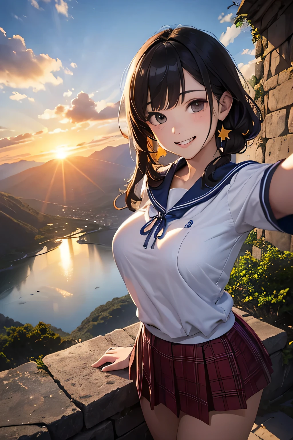highest quality、High resolution、Detailed Background、(Beautiful face in every detail:1.4)、Anatomically correct、(Draw the usual number of fingers:1.2)、(Detailed facial expressions)、(Detailed eyes:1.2)、(Detailed eyes:1.2)、Beautiful, smooth skin、age beauty、(Huge breasts:1.3)、(Highly detailed face:1.4)、Brown Hair、Black Hair、ponytail、Bobcut、Braided long hair、Wavy Hairstyle、well-groomed eyebrows、Perfect body line、Sailor suit、light blue sailor color、Pleated skirt with tartan plaid pattern、Brightly colored school cardigans、White knee-high socks、In a joking manner、Machu Picchu Ruinysterious atmosphere、(360 view:1.5)、
(Beautiful girls standing side by side taking a selfie with big smiles:1.5)、
Lush Mountains々It is located in a beautiful location surrounded by、When the sun rises, the entire ruins shine in gold.、Clouds Mountain々The river flows through the area and envelops the ruins.、Ancient Inca stone structures come into view、
The stone steps and terraces are carefully arranged, and the higher you climb the more spectacular the views of the ruins become.、
From the top of Machu Picchu you can see a deep valley, a flowing river and a mountain range in the distance.々You can see the whole view、The lush terraces of the ruins and the sacred Inca symbols carved into the rocks blend seamlessly into nature.、At sunset, the sunlight shines on the mountain.々We will dye it.、
The orange and red lights reflect off the ruins, adding to the mysterious atmosphere.、
At night, the stars light up the ruins and the sky is filled with constellations.、
The wisdom of ancient civilizations and the mysteries of nature、Amazing beauty、people visiting々It is a place that inspires emotion and respect.、cute
