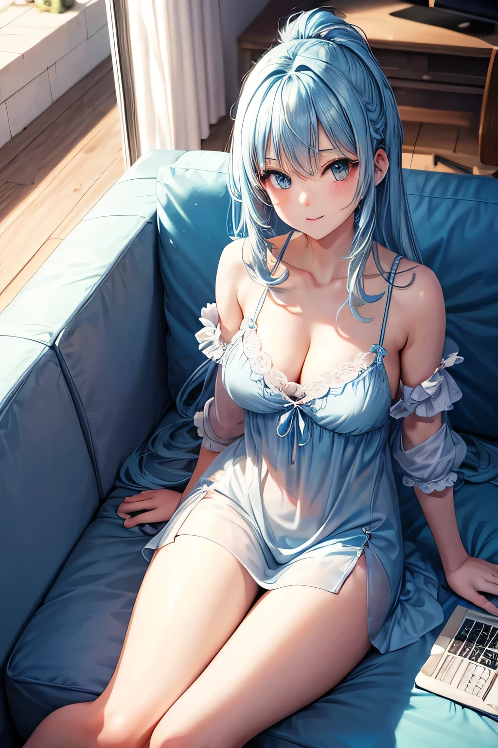 1girl, bluenette hair, light blue hair, next door girl, laying on couch, soft smile, playing computer , gaming,