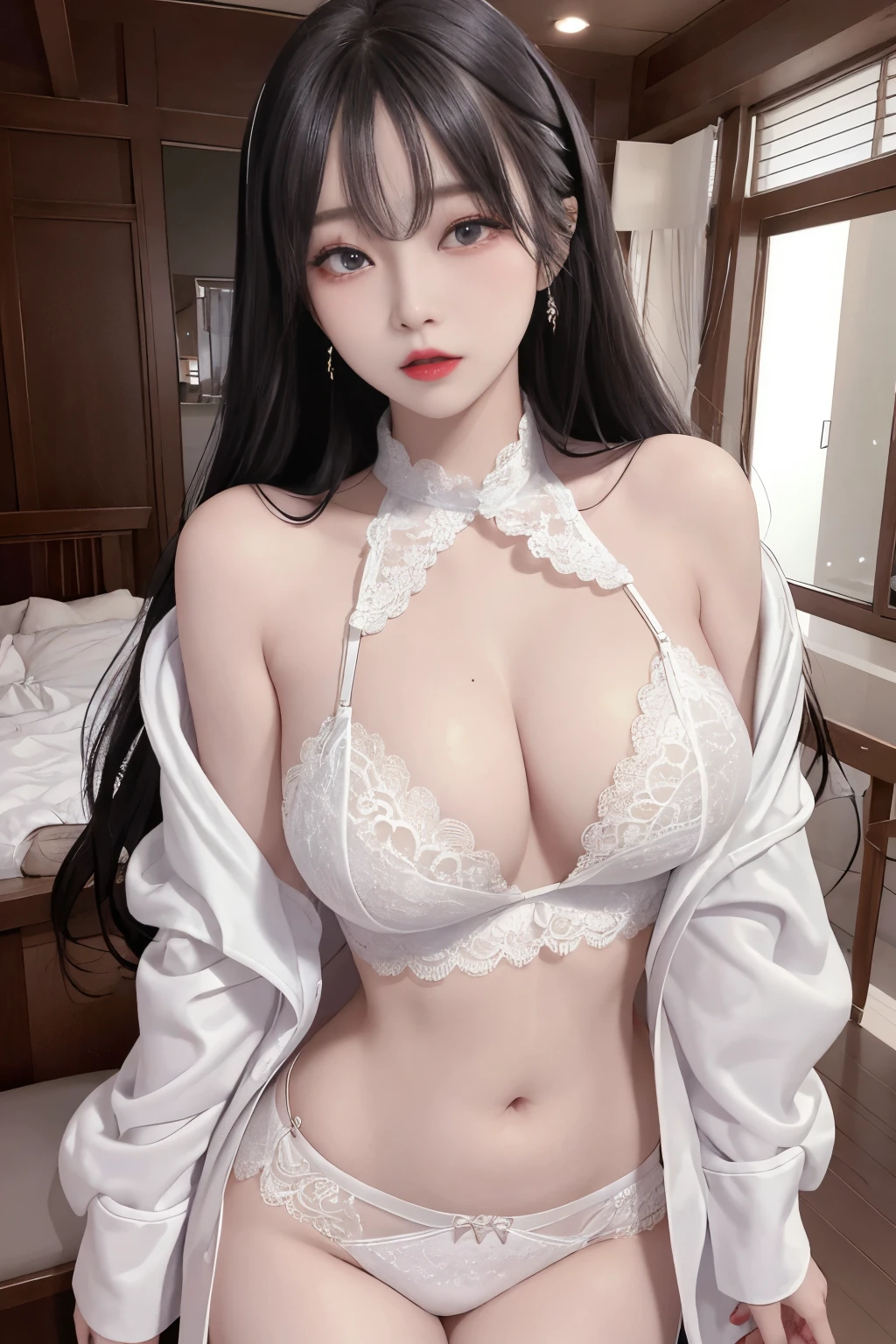 Top image quality、Raw photography、A high resolution、20-year-old cool Korean、big round chest、thin silk coat、lace underwear、Beautiful Eyes of Details、very elongated eyes、Beautiful eyelashes、Beautiful double eyelids、eyeshadows、耳Nipple Ring, wearing super tight mini boxers, standing,