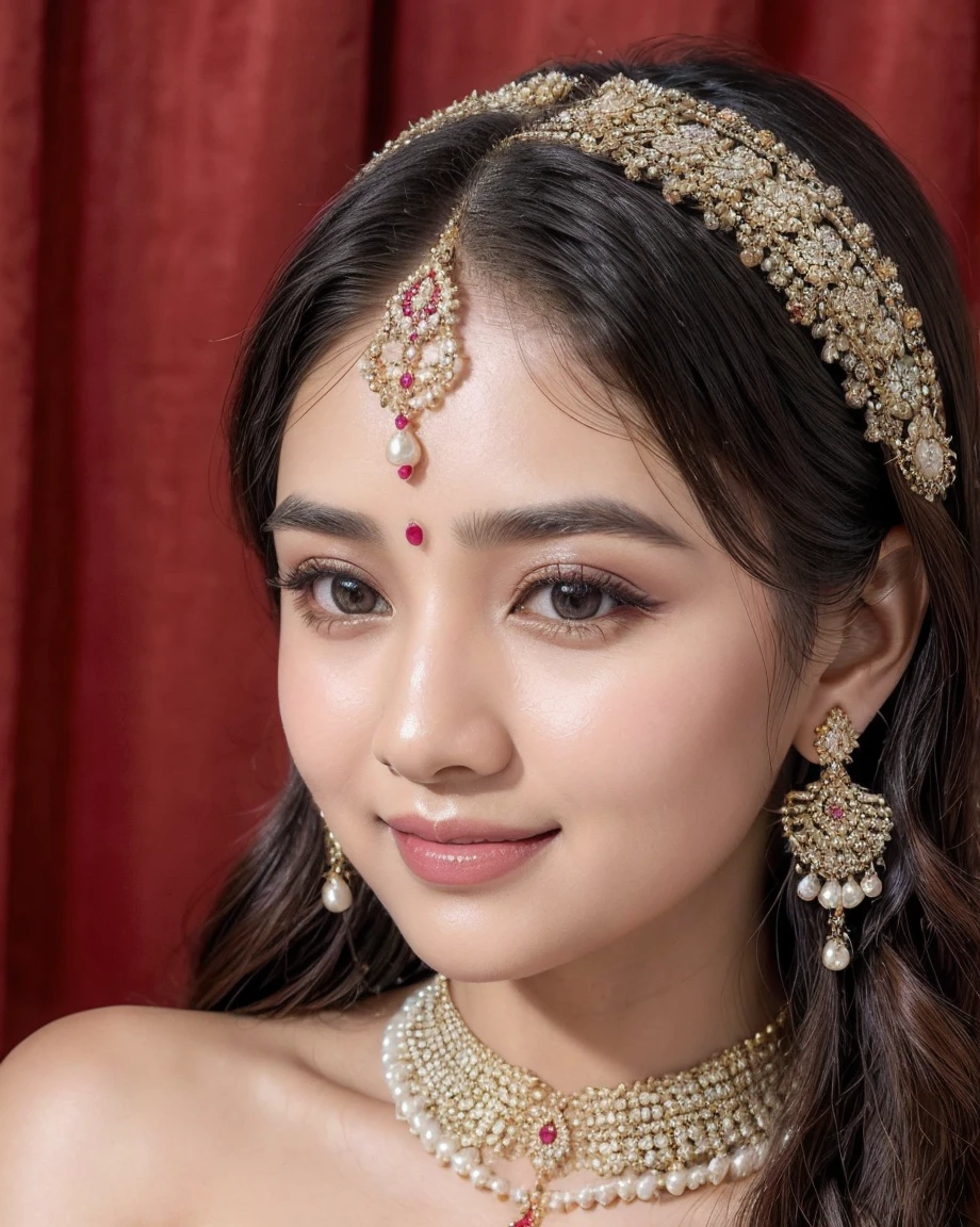 Lveautiful asian woman, close up, wearing a head piece with pearls, forehead jewelry, wear indian chain headpiece, matha patti and mang tikka jewelry, smiling, front looking