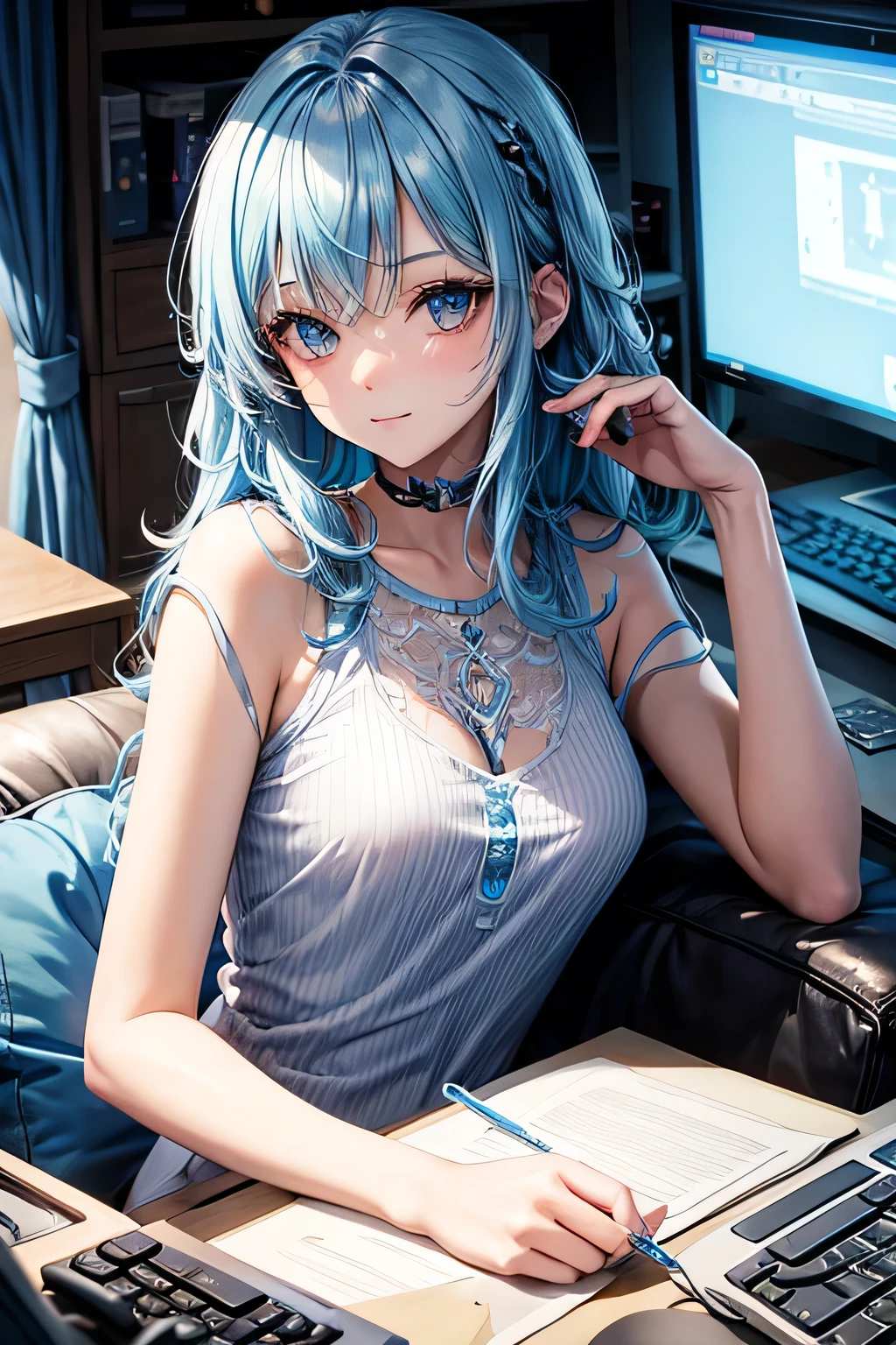 1girl, bluenette hair, light blue hair, next door girl, laying on couch, soft smile, playing computer , gaming,