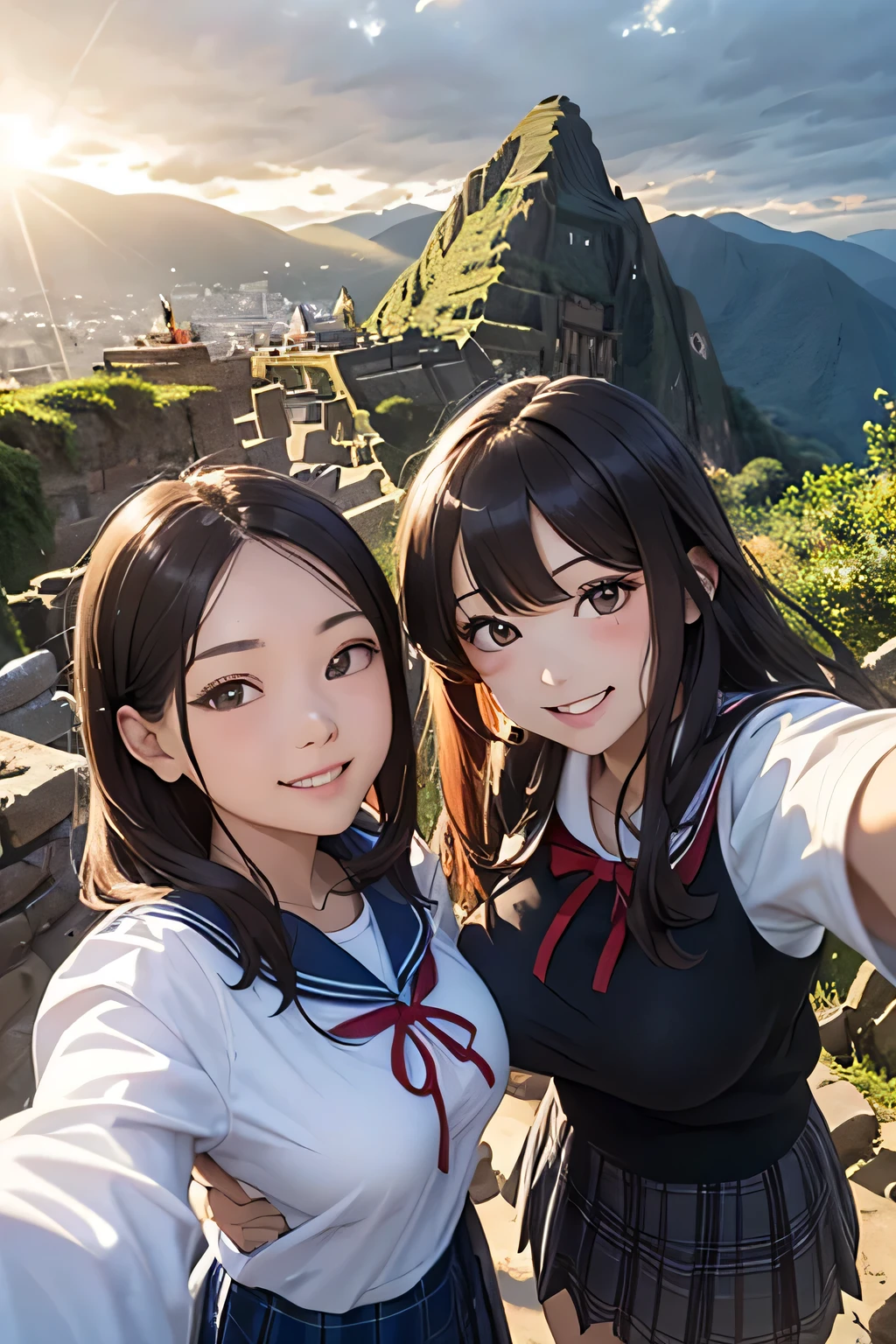 highest quality、High resolution、Detailed Background、(Ultra-Wide Angle)、(Beautiful face in every detail:1.4)、Anatomically correct、(Draw the usual number of fingers:1.2)、(Detailed facial expressions)、(Detailed eyes:1.2)、(Detailed eyes:1.2)、Beautiful, smooth skin、Teenage beauty、(Huge breasts:1.3)、(Highly detailed face:1.4)、Brown Hair、Black Hair、ponytail、Bobcut、Braided long hair、Wavy Hairstyle、well-groomed eyebrows、Perfect body line、Sailor suit、light blue sailor color、Pleated skirt with tartan plaid pattern、Brightly colored school cardigans、White knee-high socks、In a joking manner、Machu Picchu Ruinysterious atmosphere、
(Beautiful girls standing side by side taking a selfie with big smiles:1.5)、
Lush Mountains々It is located in a beautiful location surrounded by、When the sun rises, the entire ruins shine in gold.、Clouds Mountain々The river flows through the area and envelops the ruins.、Ancient Inca stone structures come into view、
The stone steps and terraces are carefully arranged, and the higher you climb the more spectacular the views of the ruins become.、
From the top of Machu Picchu you can see a deep valley, a flowing river and a mountain range in the distance.々You can see the whole view、The lush terraces of the ruins and the sacred Inca symbols carved into the rocks blend seamlessly into nature.、At sunset, the sunlight shines on the mountain.々We will dye it.、
The orange and red lights reflect off the ruins, adding to the mysterious atmosphere.、
At night, the stars light up the ruins and the sky is filled with constellations.、
The wisdom of ancient civilizations and the mysteries of nature、Amazing beauty、people visiting々It is a place that inspires emotion and respect.、cute