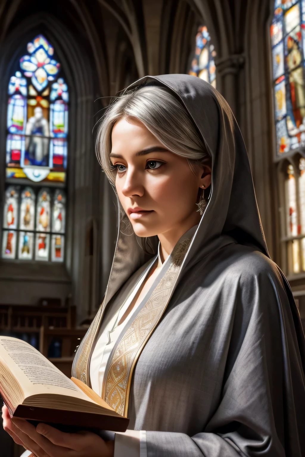 (highest quality:1.2),Realistic,Detailed eyes and face,Portraiture,cross,Sacred Book,Gray Hair,church,clergywoman,Absorption,Peaceful atmosphere,Sacred atmosphere,Sunlight shining through stained glass,Candlelight,Calm colors,Tranquility,Tranquility,Spirituality,Quiet Meditation,Lonely,Dedication,purity,Exquisite Robe,existence of god