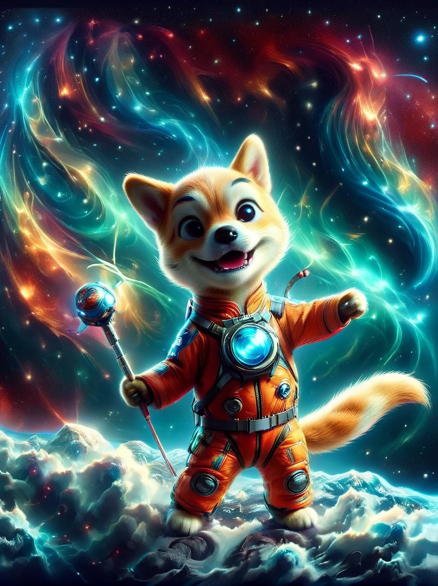 3D photograph of a charming Shiba Inu donned in a spacesuit, grasping a flag in its paw, standing assertive atop the moon's cratered surface. The enchanting planetary perspective showcases Earth in the distant cosmic backdrop, illuminated vibrantly. The image, taken with a high-resolution satellite camera, captures the whimsical juxtaposition of an adorable domestic dog amidst the awe-inspiring vastness of space, encapsulating the essence of playful space exploration in haute definition.