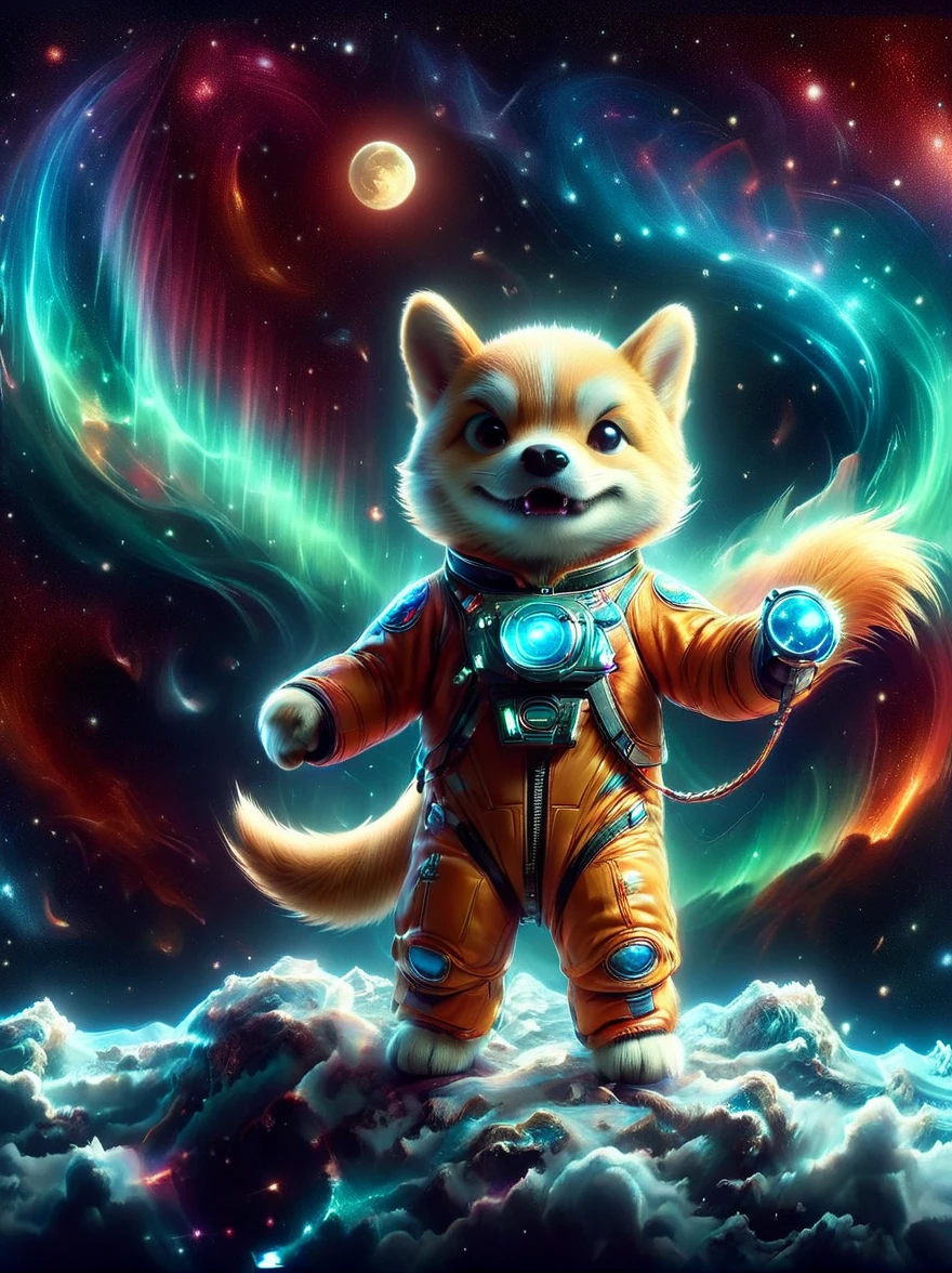 3D photograph of a charming Shiba Inu donned in a spacesuit, grasping a flag in its paw, standing assertive atop the moon's cratered surface. The enchanting planetary perspective showcases Earth in the distant cosmic backdrop, illuminated vibrantly. The image, taken with a high-resolution satellite camera, captures the whimsical juxtaposition of an adorable domestic dog amidst the awe-inspiring vastness of space, encapsulating the essence of playful space exploration in haute definition.