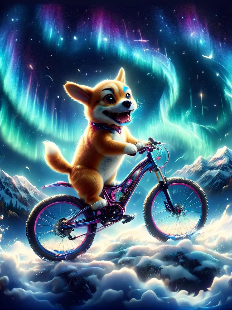 A Shiba Inu dog riding an enduro mountain bike.