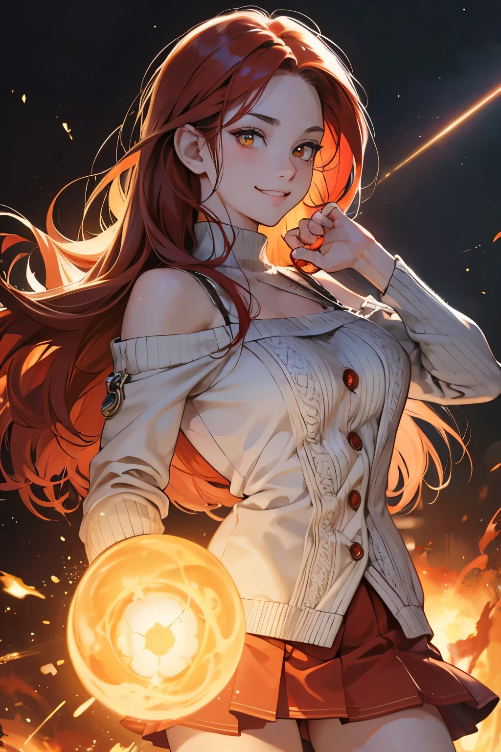 (perfect anatomy:1.2)(absurdres, highres, ultra detailed),Masterpiece,intricate details,Best quality,8k,Realistic face,anime girl,Realistic skin texture,magnified textures, stunning clarity, ultra detailed eyes and faces,glowing red hair, long hair, glowing yellow eyes,(smugness:1.5),oversized sweater,(Shoulder Bare),(Chest exposed),mini skirt,spelling magic,fighting pose,light particles,a lot of explosions,sparkling lights,blazing inferno,magic circle,18th century,london,from front, look at viewer