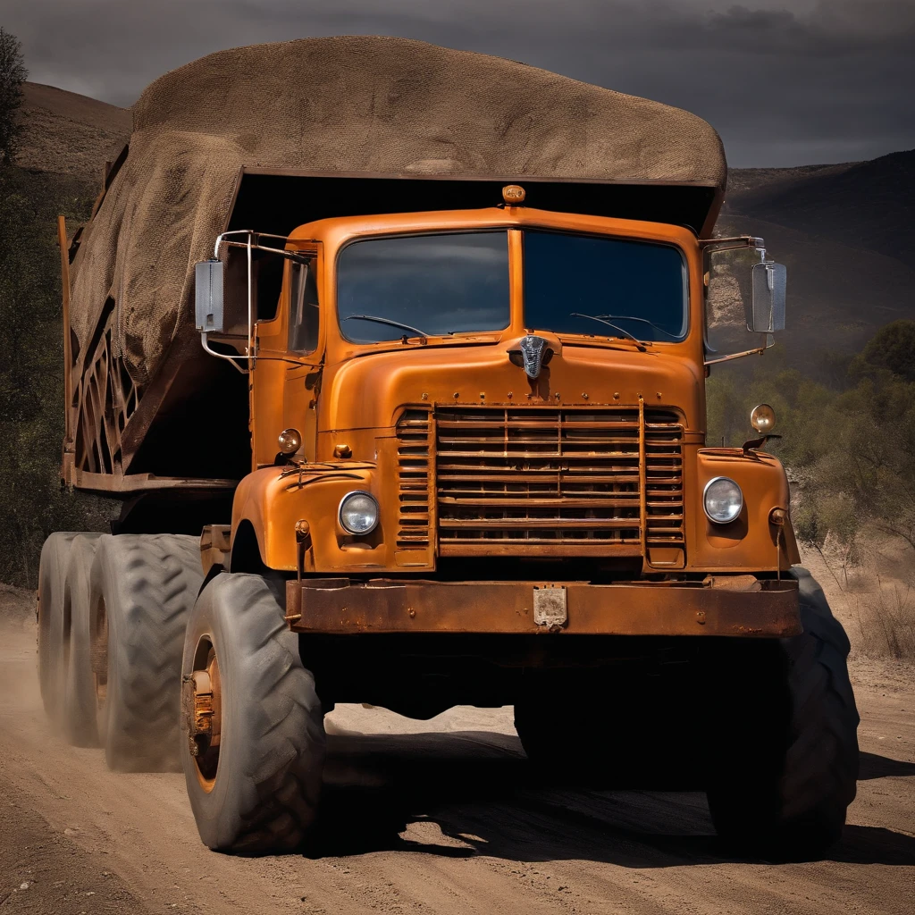 1 old dump truck, 10 tires, damage paint brown colour, back body jack dump, black mirror,