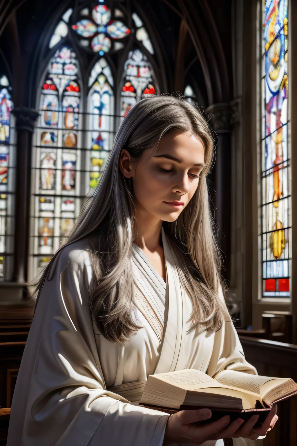 (highest quality:1.2),Realistic,Detailed eyes and face,Portraiture,cross,Sacred Book,Gray Hair,church,40 years old clergywoman,Absorption,Peaceful atmosphere,Sacred atmosphere,Sunlight shining through stained glass,Candlelight,Calm colors,Tranquility,Tranquility,Spirituality,Quiet Meditation,Lonely,Dedication,purity,Exquisite Robe,existence of god