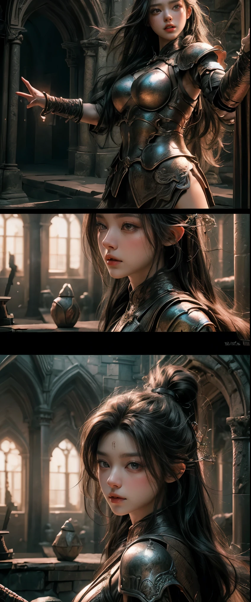 ((masterpiece, highest quality, Highest image quality, High resolution, photorealistic, Raw photo, 8K)), Dungeons & Dragons, A huge stone hall, A female warrior battles a giant dragon that breathes fire, 