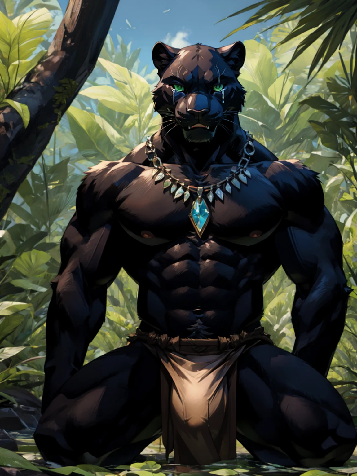 animal、とても痩せたBlack panther full body、Wild male black panther、The sunken belly of a black panther、Black panther full body、black body hair all over、Angry black panther expression、Very thin body、Hairless head、Crying expression、So many tears、Big green anime eyes、Very long black pubic hair、Lots of chest hair、Very long armpit hair、A very large amount of drool coming out of the mouth、Sharp Fangs、Black Panther Tail、jungle background、Tree Top Situation、A huge bulge in the crotch loincloth、White loincloth between the legs、Black Panther Claws、Sharp Claws、A composition that captures the whole body、One kneeling pose、Ethnic Wooden Necklace