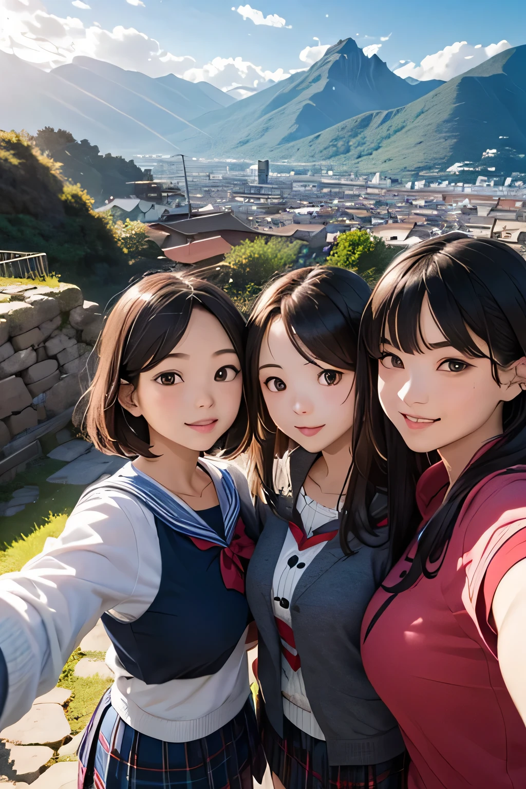 highest quality、High resolution、Detailed Background、(Beautiful face in every detail:1.4)、Anatomically correct、(Draw the usual number of fingers:1.2)、(Detailed facial expressions)、(Detailed eyes:1.2)、(Detailed eyes:1.2)、Beautiful, smooth skin、Beautiful girl in her 20s、(Huge breasts:1.3)、(Highly detailed face:1.4)、Brown Hair、Black Hair、ponytail、Bobcut、Braided long hair、Wavy Hairstyle、well-groomed eyebrows、Perfect body line、Sailor suit、light blue sailor color、Pleated skirt with tartan plaid pattern、Brightly colored school cardigans、White knee-high socks、In a joking manner、Machu Picchu Ruinysterious atmosphere、Cowboy Shot、

(Three beautiful girls standing side by side taking a selfie with big smiles:1.5)、

Lush Mountains々It is located in a beautiful location surrounded by、When the sun rises, the entire ruins shine in gold.、Clouds Mountain々The river flows through the area and envelops the ruins.、Ancient Inca stone structures come into view、
The stone steps and terraces are carefully arranged, and the higher you climb the more spectacular the views of the ruins become.、
From the top of Machu Picchu you can see a deep valley, a flowing river and a mountain range in the distance.々You can see the whole view、The lush terraces of the ruins and the sacred Inca symbols carved into the rocks blend seamlessly into nature.、At sunset, the sunlight shines on the mountain.々We will dye it.、
The orange and red lights reflect off the ruins, adding to the mysterious atmosphere.、
At night, the stars light up the ruins and the sky is filled with constellations.、
The wisdom of ancient civilizations and the mysteries of nature、Amazing beauty、people visiting々It is a place that inspires emotion and respect.、cute