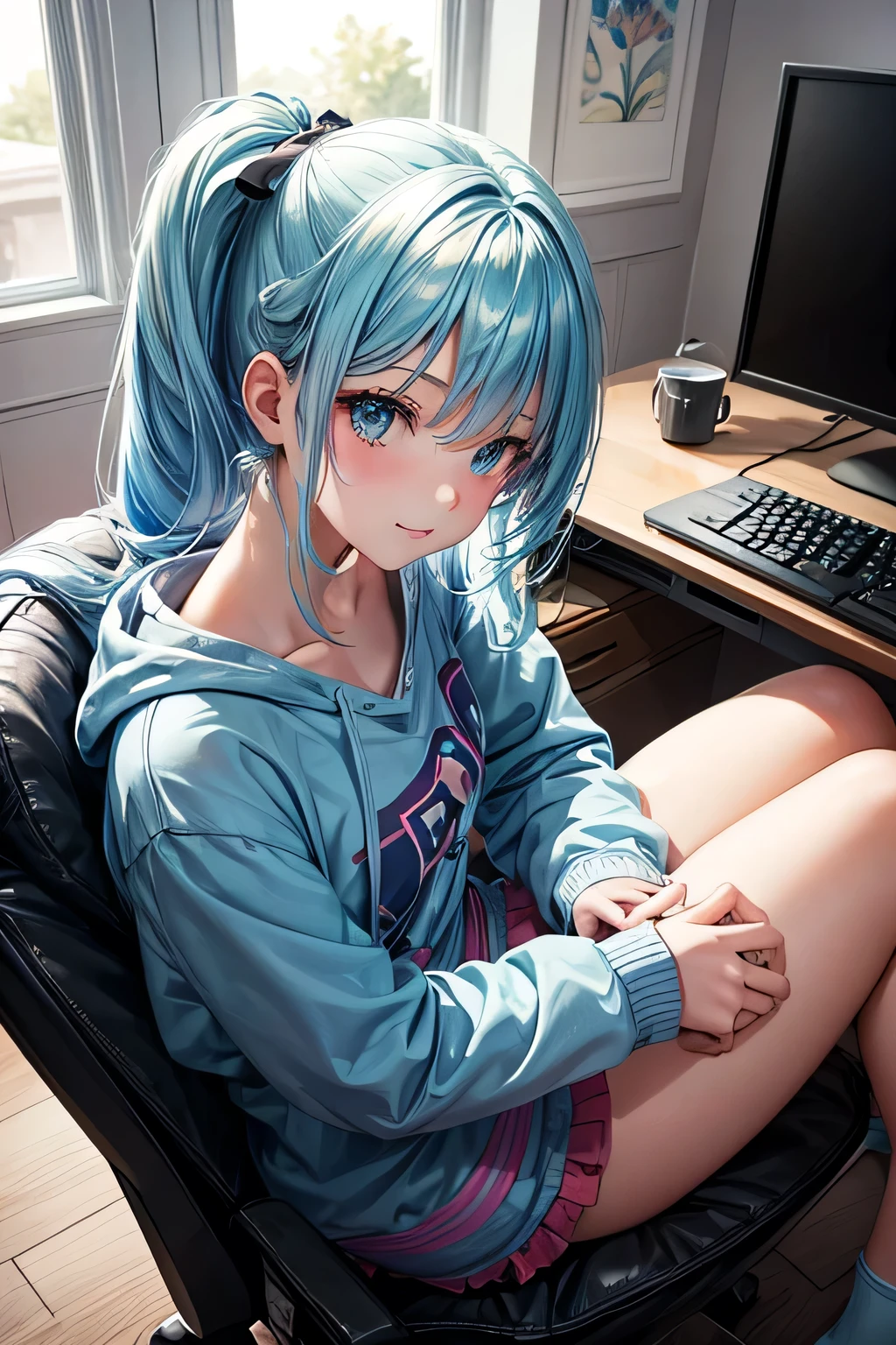 1girl, bluenette hair, light blue hair, next door girl, night, evening, movie night, couch, laying on couch, oversized hoodie