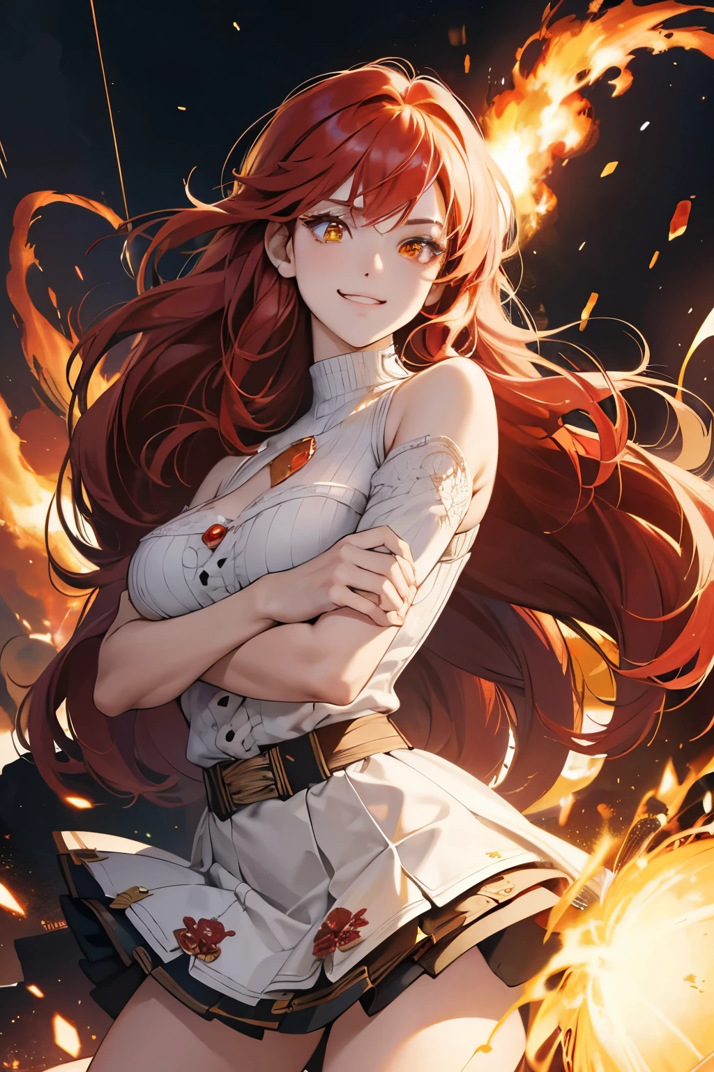 (perfect anatomy:1.2)(absurdres, highres, ultra detailed),Masterpiece,intricate details,Best quality,8k,Realistic face,anime girl,Realistic skin texture,magnified textures, stunning clarity, ultra detailed eyes and faces,glowing red hair, long hair, glowing yellow eyes,(smugness:1.5),oversized sweater,(Shoulder Bare),(Chest exposed),mini skirt,spelling magic,fighting pose,light particles,a lot of explosions,sparkling lights,blazing inferno,magic circle,18th century,london,from front, look at viewer