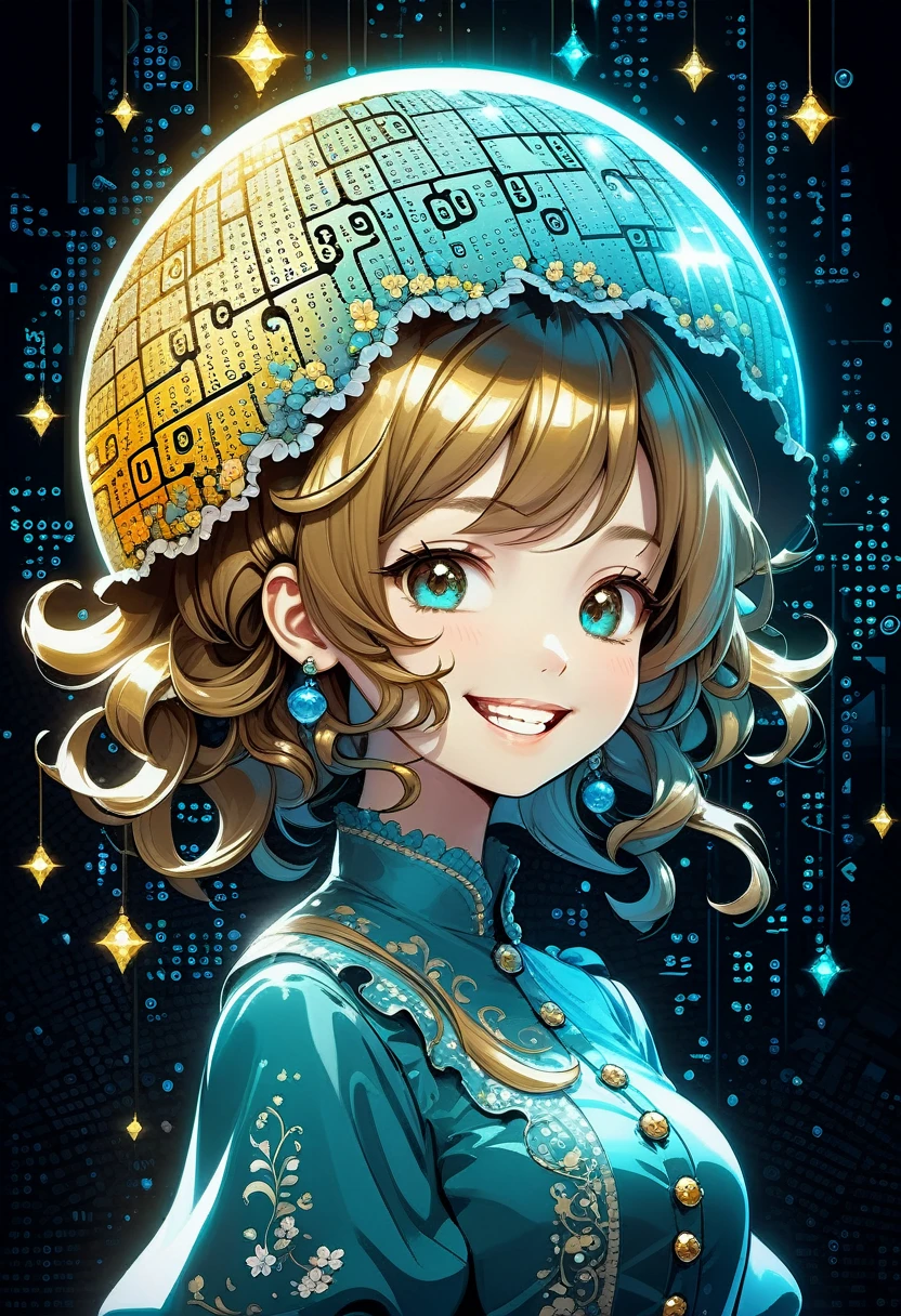 cute girl head, (((Laughing Smile:1.1))), Digital element doodle background, Baroque background, Dynamic Angle, (((With digital matrix code:1.2))), ?, cute, Beautiful fine hair, Complex insane details, Rich colors, A true masterpiece, Framed with white sparkle, Dark Fantasy Style, digital flower, the glow of the lamp, beautiful rain, glitter spherical ball, intricate detail airbrush, Realistic, Stunning 16K fine rendering,