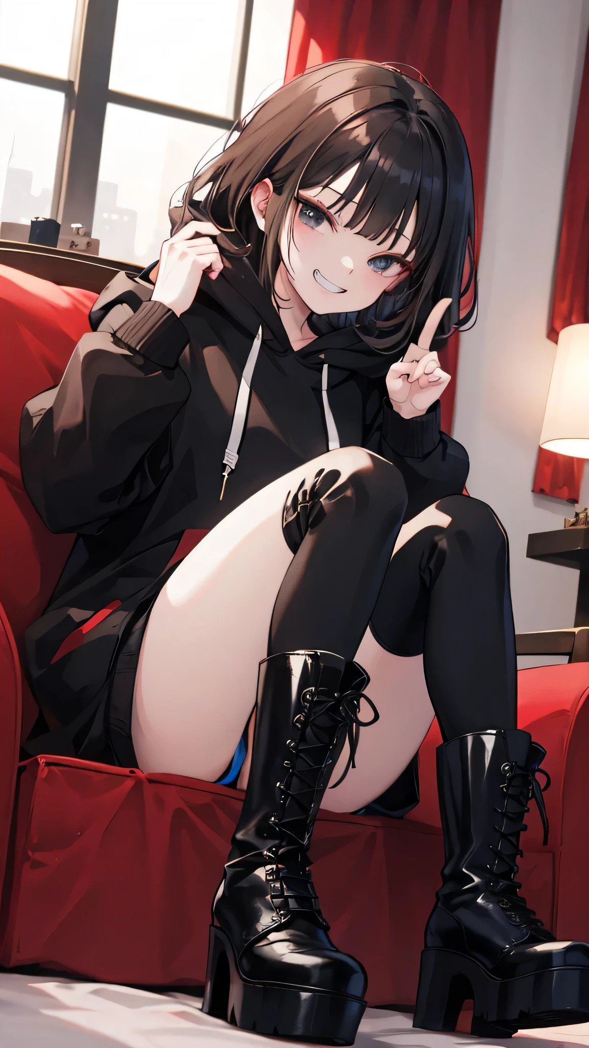 Female 3P、cute、evil grin、peace、Inside the Hotel、Sitting、
black and White hoodie、Red and black hoodie、White hoodie、(black platform boots)、black platform boots、perfect finger、
Brown Hair、Black Hair、Black Hairロング、3✕3の目、black eye、