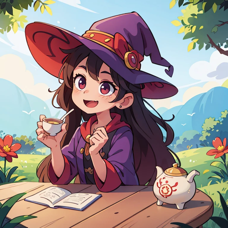 ((masterpiece, Best quality)), ((style-swirlmagic):0.4),
1 girl, witch tea , wooden table , Cute, happy, bright, colorful, fantasy,