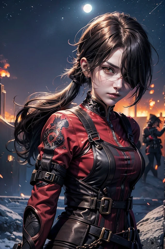stunning girlfriend, heart shaped face, elegant face, beautiful face, highly detailed face, highly detailed skin, skin pores, subsurface scattering, realistic pupils, full lips, detailed background, depth of field, atmospheric perspective, volumetric lighting, sharp focus, absurdres, realistic proportions, good anatomy, (realistic, hyperrealistic:1.4), 16k hdr, cinderfall2023, best quality, masterpiece, 1girl, anime style, ponytail, red tactical suit, action pose, black left arm, utility belt, bulletproof vest, hair over eye, arcane ninja, flame, night, stars, moonlight,  standing, on mountain side, crowd