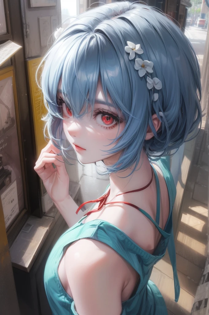 1 GIRL, reiayanami, rei ayanami, blue hair, short hair, (red eyes:1.5), ultra realistic, REALISTIC, Ultra detailed, More detailed, Japan city scenaries, Random scenaries japan, BREAK blue dress, dress, neck ribbon, pinafore dress, red ribbon, ribbon, , short sleeves, short-sleeved sweater, sweater, BREAK outdoors, city, BREAK looking at viewer, BREAK (masterpiece:1.2), best quality, high resolution, unity 8k wallpaper, (illustration:0.8), (beautiful detailed eyes:1.6), extremely detailed face, perfect lighting, extremely detailed CG, (perfect hands, perfect anatomy),