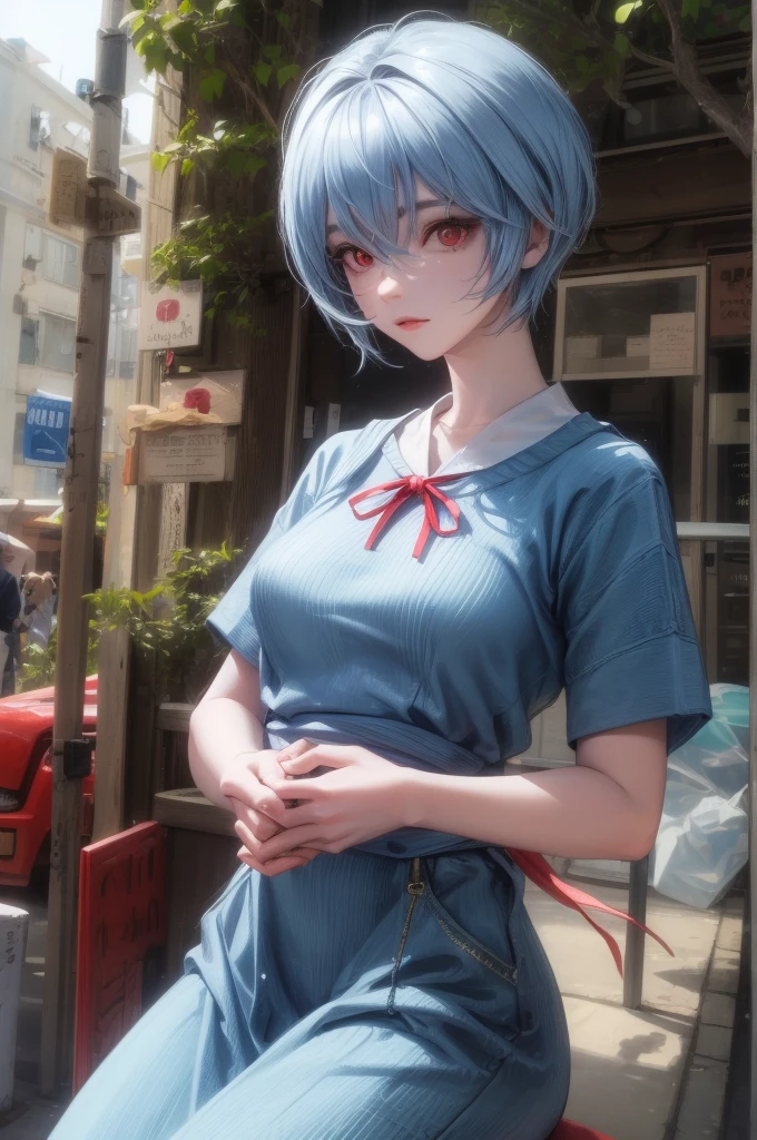 1 GIRL, reiayanami, rei ayanami, blue hair, short hair, (red eyes:1.5), ultra realistic, REALISTIC, Ultra detailed, More detailed, Japan city scenaries, Random scenaries japan, BREAK blue dress, dress, neck ribbon, pinafore dress, red ribbon, ribbon, , short sleeves, short-sleeved sweater, sweater, BREAK outdoors, city, BREAK looking at viewer, BREAK (masterpiece:1.2), best quality, high resolution, unity 8k wallpaper, (illustration:0.8), (beautiful detailed eyes:1.6), extremely detailed face, perfect lighting, extremely detailed CG, (perfect hands, perfect anatomy),