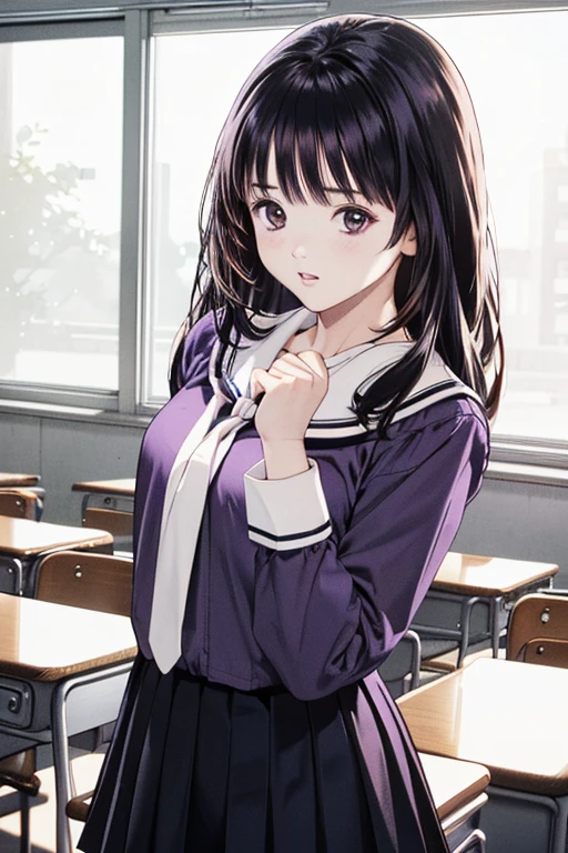(8K、top-quality、masterpiece:1.2)、(realisitic、ultra-detailliert、超A high resolution、beautifull detailed face,perfect body,(1girl,black long hair),(school uniform,sailor suit,purple shirts,navy skirt,white tie),cotrappostoin classroom,