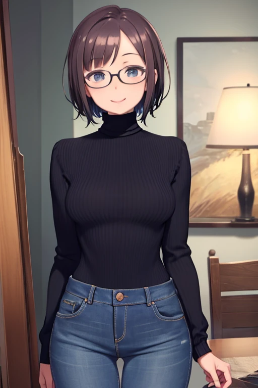 ((Masterpiece)), perfect anatomy, perfect shading, field of depth, (best quality), extremely delicate and beautiful, perfect lighting, detailed face, ultra cute face, cute, (cowboy shot 1.2), full body, (((1girl))), ((solo)), looking at viewer,
short hair, fluffy hair, brown hair, green eyes, freckles, Glasses, ((blush)), shy, smile, (black shirt 1.5), (jeans 1.2), belt, extremely tight clothes, medium breasts, (wide hips), (thick thighs),
school hallway, intricate background, detailed background, hand on hip,