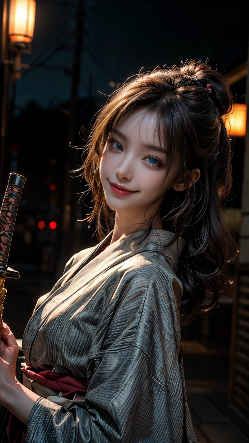 (RAW Shot: 1.5, Photorealistic: 1.5, 8k, Top Quality, Masterpiece, Ultra High Resolution), Japan, Magic and Sword World, Perfect Dynamic Composition: 1.2, Mysterious: 1.3, Detailed Skin and Face Texture: 1.3, Cute Slim Female Samurai, Aesthetic and Beautiful: 1.2, Cute and sexy beauty, perfect style, wearing elaborate rings, holding a Japanese sword: 1. 1, fire, water, wind, lightning, ice, beautiful skin, very beautiful face, (shy smile, expression when feeling intense caress, expression when feeling pleasure), (wearing kimono: 1.1,), (beautiful blue eyes, beautiful erotic eyes: 0 .8), (too erotic: 0.9, bewitching: 0.9), (closeup shot, full body tattoo, night, bewitching colorful neon lighting)