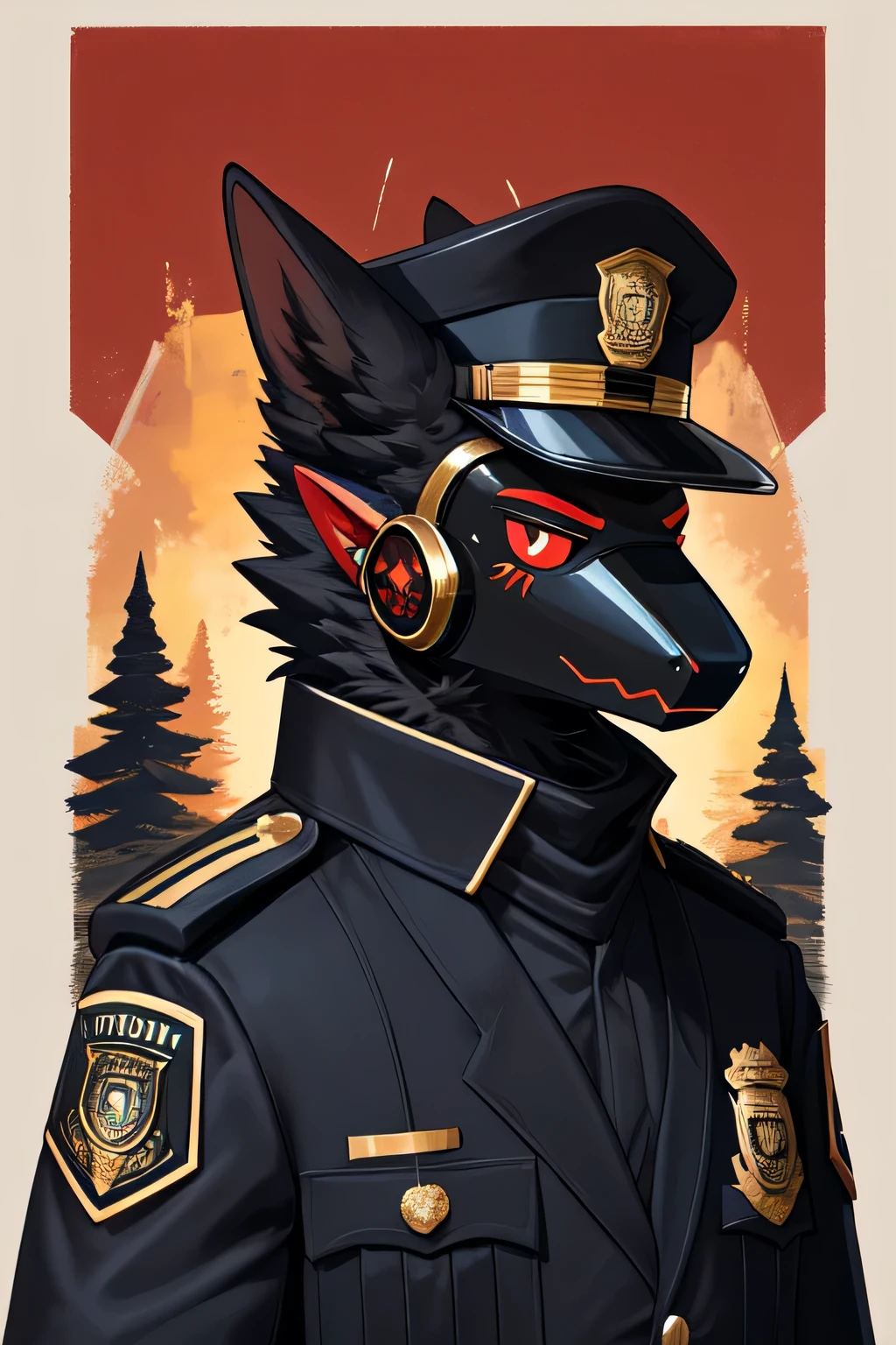 protogen, anthro, male, solo, clothing, black fur, black clothing, German officer uniform, black topwear, lidded eyes, black anD red, forest background, serious, officer hat, pickelhaube, Grand Cross of the Grand star of the iron cross medal. Iron cross medal.