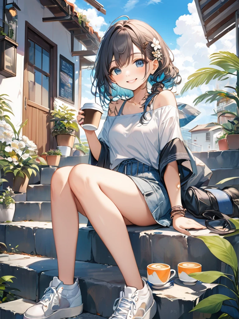 (best quarity,ultra detailed,ultra-high-resolution, 8k, masterpiece), very-cute-and-beautiful-anime-girl,highly-detailed-face-and-eyes,smile, sitting on stone stairs, drinking caffee, tribal_tatoos, gradation hair, wavy hair, hairpins, windy, wearing stylish summer clothes, plants, flowers, blue sky,
