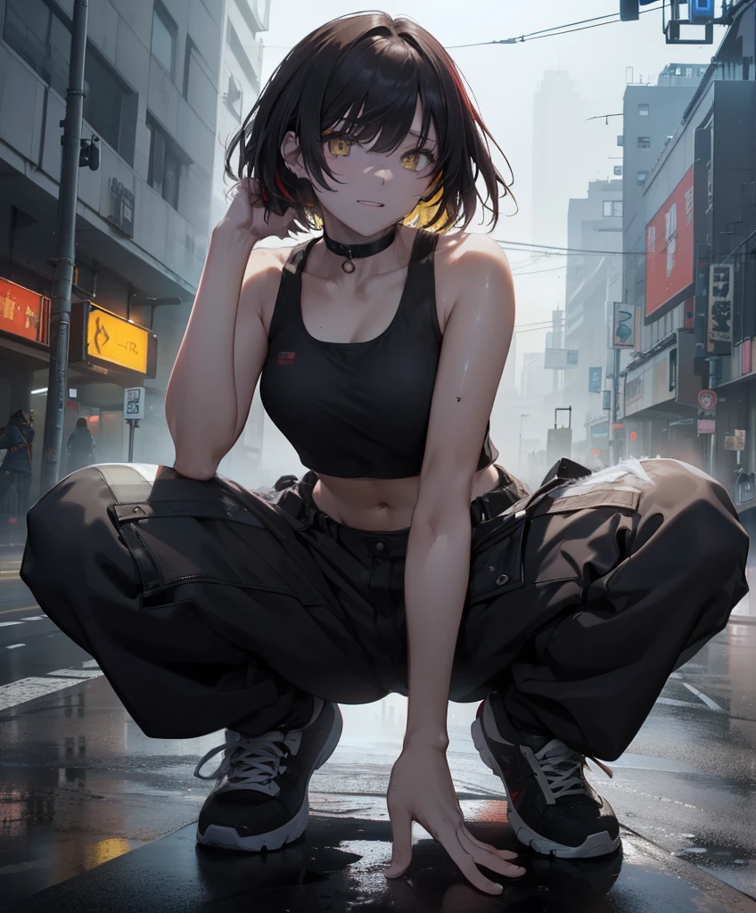 dance、Artistic jumps、break dance、Strenuous movements、Collapsed night street、Cyberpunk style、Blade Runner atmosphere、Steam is coming out of the exhaust port on the road surface、The road surface is wet、solo、Fluttering hair、short hair, brown hair, yellow eyes, yellow glowing eyes 、Beautuful Women、a small face、de pele branca、abdominals、、Bright smile、Half mouth open、White teeth are visible、(Gradient color of black red hair、disheveled long hair)、(Cargo pants、Tank Tops、white sneaker)、(delicate detailed fingers、Detailed body、detailed arms、Human Hands)、(Detailed face) 、(in 8K、top-quality: 1.4、​masterpiece、 The ultra -The high-definition、 Top resolution,、ighly detailed、 profetional lighting、 Gray Light Lighting、Low angle from below、Blowing steam into the landscape、Fog in the landscape、Foggy、