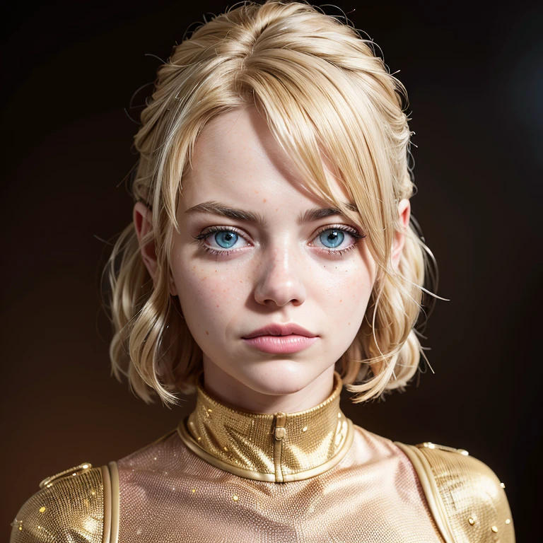 8K, Best quality, masterpiece, ultra high resolution, (realism: 1.4), original photo, (Realistic skin texture: 1.3), (granularity: 1.3), 1 girl, golden clothes, Gold metal glove on left hand, Sapphire eyes and beautiful facial details, masterpiece, Best quality, Close-up, upper body, Check hairstyle, blonde hair, full length