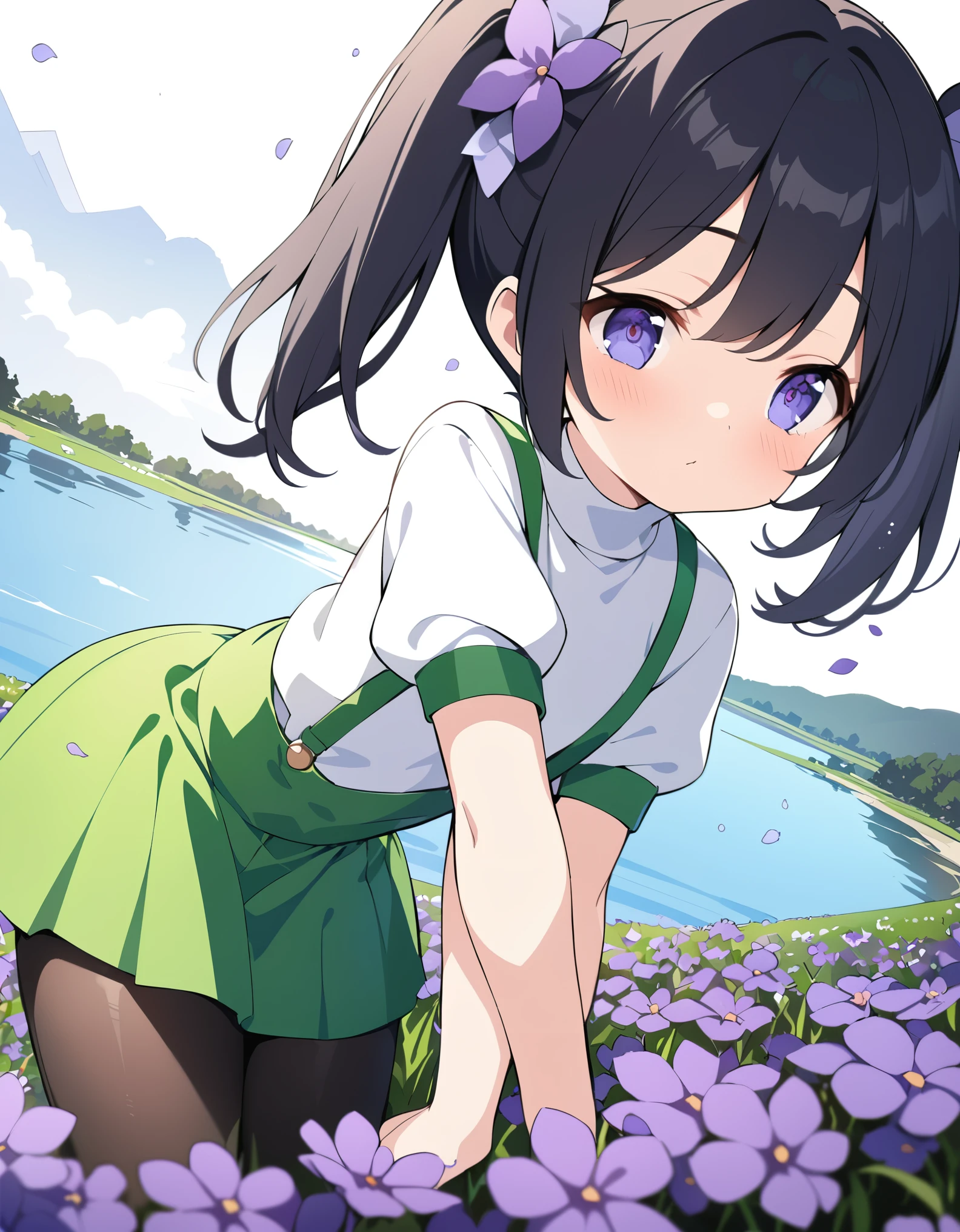 best quality, masterpiece, ultra resolution, super details, anatomically correct, 1 girl, full body, (junior child:1.6), (black hair:1.2), high quality eyes, high quality hands, (high pigtails:1.4), (hair bows:1.3), (short hair:1.5), (white turtleneck:1.5), short sleeve, (bubble sleeves:1.2), (green skirt:1.5), (green suspenders:1.5), (black woolen pantyhose:1.5), mary janes, pleasant expression, her upper body leaning backwards, (purple flower field beside a lake:1.3), flying flower flakes, high quality background, depth of field, dutch angle
