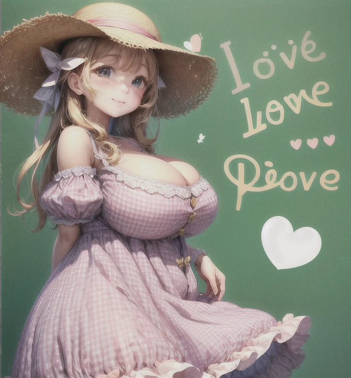 Very detailed, masterpiece, highest quality, Love Letter, throw,smile,blush 、The cutest in the world、Camel Toe、Giant tit、Nipple Puffs、Cleavage、Plump、Super big breasts、Super big butt、A gingham check dress holding an oversized love letter、Big ribbon、Straw hat、(Love、Love、Love:1.5)、message board、Cowboy Shot