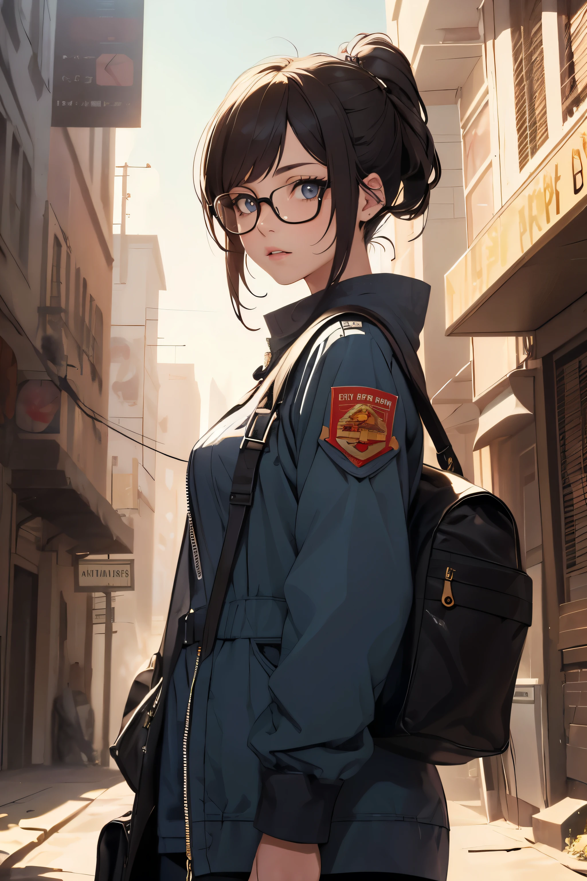 a pretty girl messenger, wearing large glasses, undercut hair, wearing postal uniform, in a post-apocalyptic world