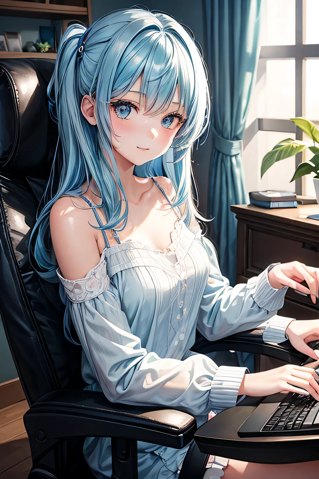 1girl, bluenette hair, light blue hair, next door girl, laying on couch, soft smile, playing computer , gaming, sitting in gaming chair