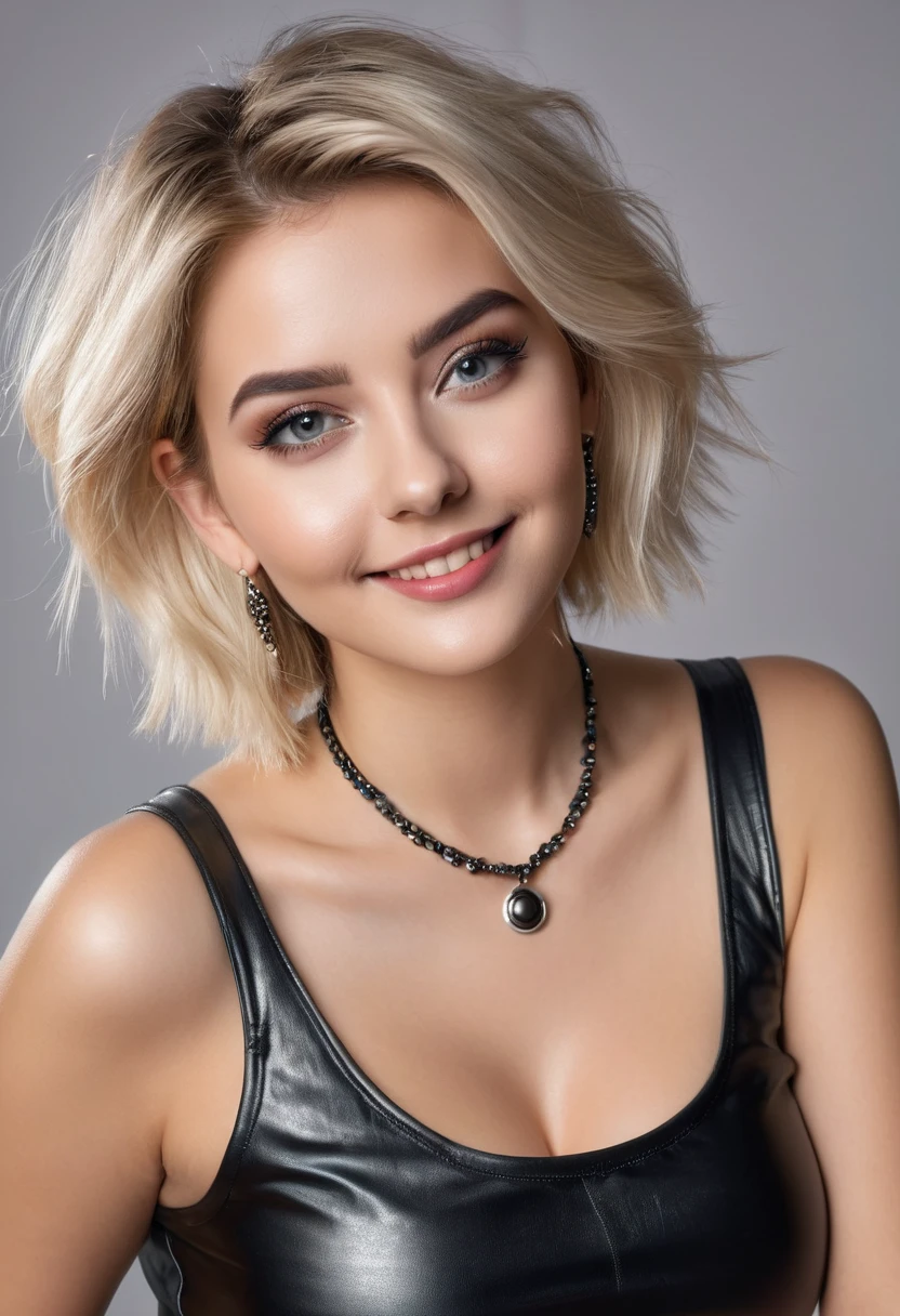hyperrealistic beautiful busty 18-year-old women in shiny sleeveless top and leather leggins, model shooting full body photography, dyed platin-blonde short messy bob, dark eye makeup with eyeliner, seductive smile, small necklace and earrings, 8K, best quality, Meisterwerk, ultra high resolution, (Realismus: 1.4), Originalfoto, (realistische Hautstruktur: 1.3), (Filmkorn: 1.3), (Selfie-Winkel), 1 girl, Beautiful round eyes and facial details, Meisterwerk, best quality