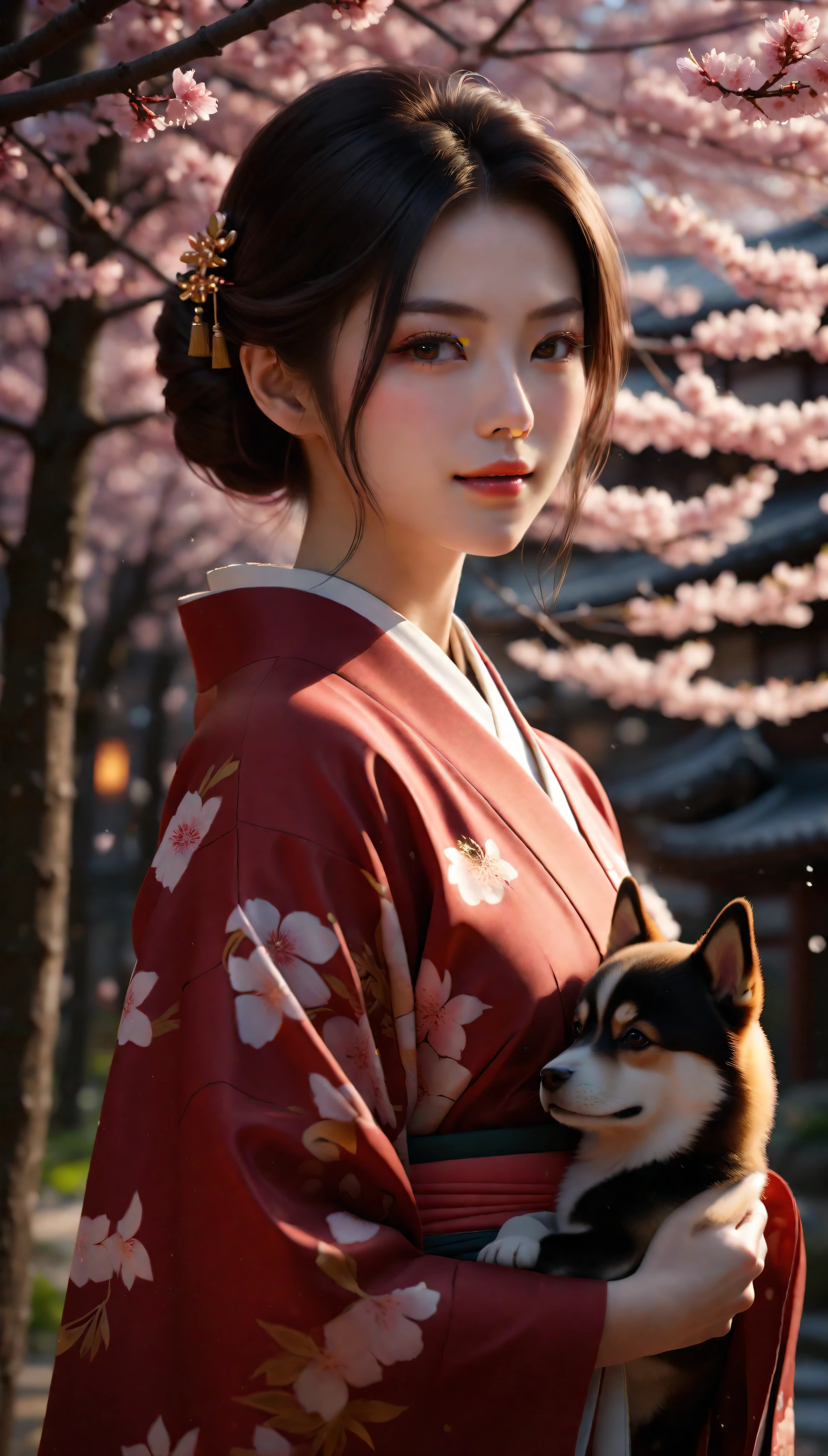 ((Masterpiece in maximum 16K resolution):1.6),((soft_color_photograpy:)1.5), ((Ultra-Detailed):1.4),((Movie-like still images and dynamic angles):1.3). | ((cinematic photo of beautiful Japanese lady in a kimono with her cute Shiba Inu):1.3), (Beautiful Japanese lady in Kimono), (focus on the Shiba Inu), (macro lens), (Sakura Flowers), (Beautiful Japanese Park), (luminous object), (Happy atmosphere), (shimmer), (visual experience),(Realism), (Realistic),award-winning graphics, dark shot, film grain, extremely detailed, Digital Art, rtx, Unreal Engine, scene concept anti glare effect, All captured with sharp focus. | Rendered in ultra-high definition with UHD and retina quality, this masterpiece ensures anatomical correctness and textured skin with super detail. With a focus on high quality and accuracy, this award-winning portrayal captures every nuance in stunning 16k resolution, immersing viewers in its lifelike depiction. | ((perfect_composition, perfect_design, perfect_layout, perfect_detail, ultra_detailed)), ((enhance_all, fix_everything)), More Detail, Enhance.