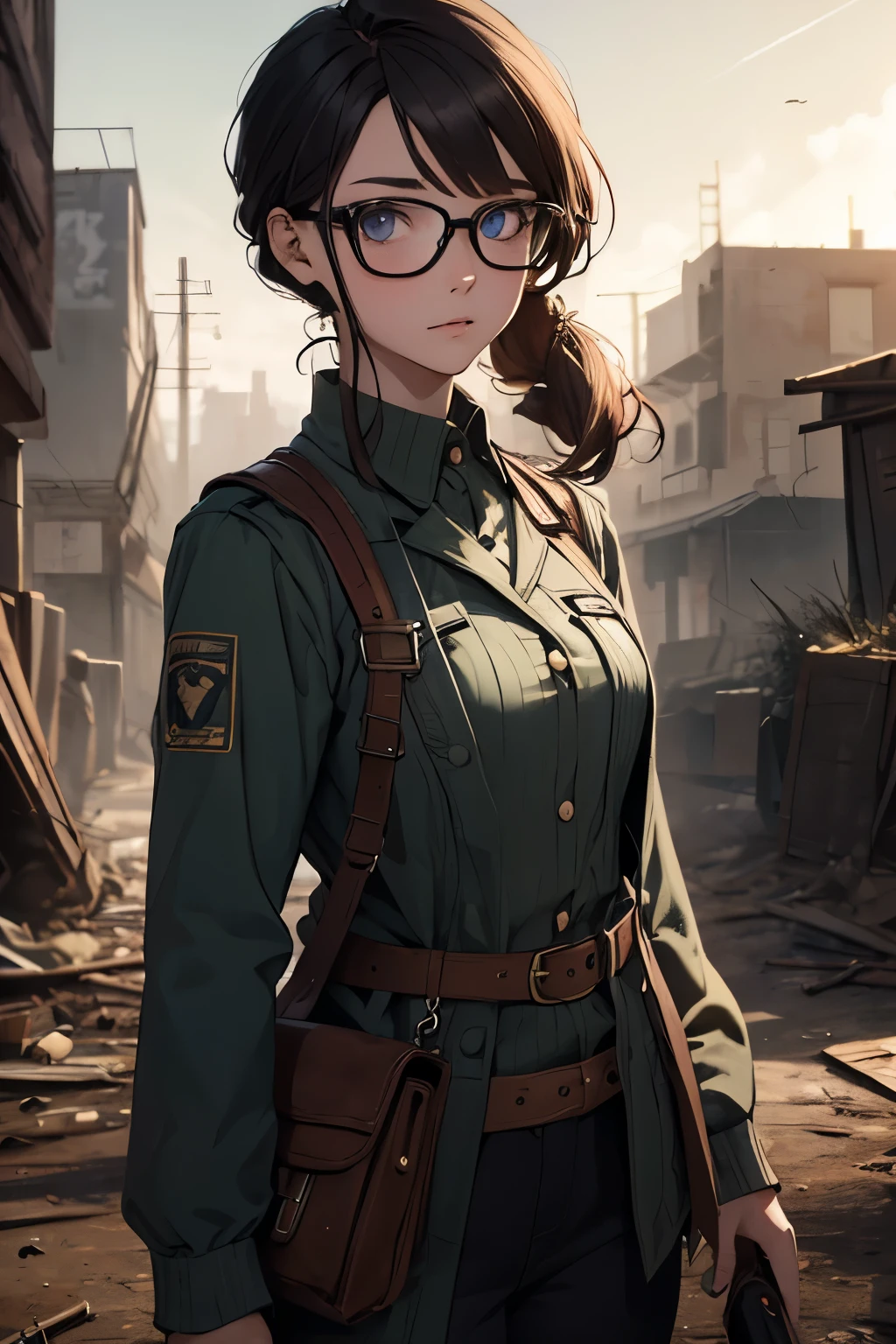 a pretty girl messenger, wearing large glasses, undercut hair, wearing postal uniform, in a post-apocalyptic world