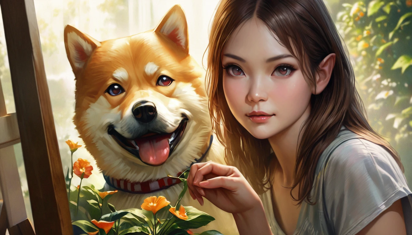 Shiba inu,painting,oil painting,realistic,photorealistic:1.37,soft and fluffy fur,bright and expressive eyes,playful and alert pose,beautiful detailed nose,cute and pointy ears,natural and vibrant colors,peaceful garden background,vivid greens and blooming flowers,soft sunlight and gentle shadows,highres,professional lighting and composition.