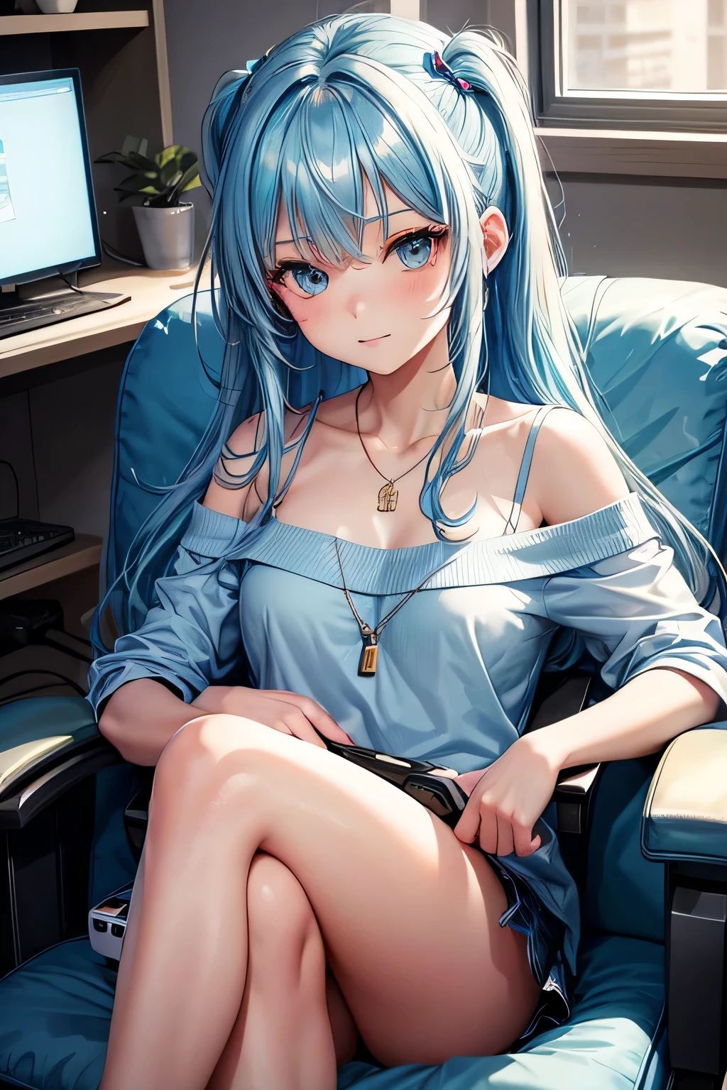 1girl, bluenette hair, light blue hair, next door girl, laying on couch, soft smile, playing computer , gaming, sitting in gaming chair