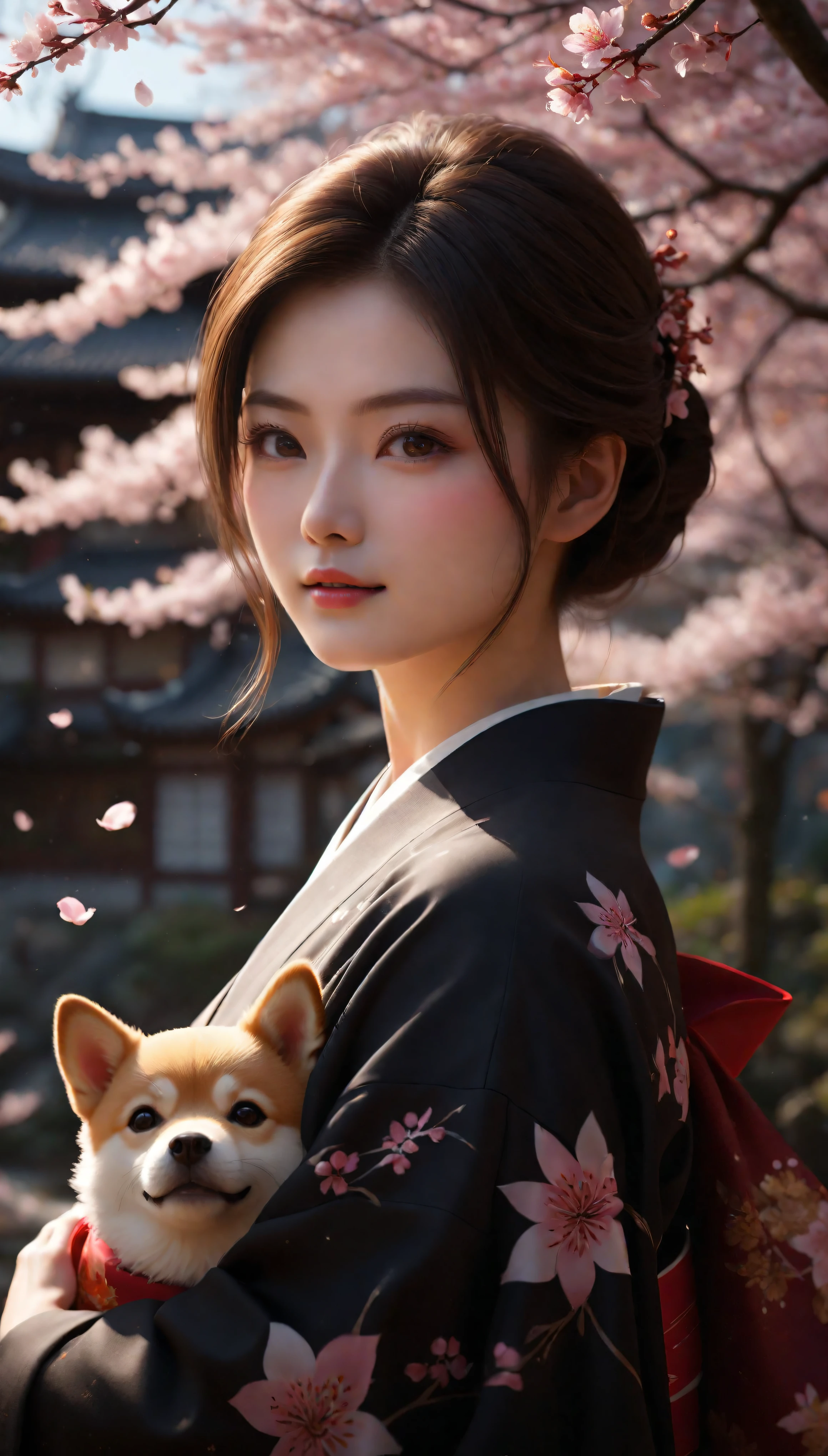 ((Masterpiece in maximum 16K resolution):1.6),((soft_color_photograpy:)1.5), ((Ultra-Detailed):1.4),((Movie-like still images and dynamic angles):1.3). | ((cinematic photo of beautiful Japanese lady in a kimono holding her cute Shiba Inu):1.3), (Beautiful Japanese lady in Kimono), (focus on the Shiba Inu), (macro lens), (Sakura Flowers), (Beautiful Japanese Park), (luminous object), (Happy atmosphere), (shimmer), (visual experience),(Realism), (Realistic),award-winning graphics, dark shot, film grain, extremely detailed, Digital Art, rtx, Unreal Engine, scene concept anti glare effect, All captured with sharp focus. | Rendered in ultra-high definition with UHD and retina quality, this masterpiece ensures anatomical correctness and textured skin with super detail. With a focus on high quality and accuracy, this award-winning portrayal captures every nuance in stunning 16k resolution, immersing viewers in its lifelike depiction. | ((perfect_composition, perfect_design, perfect_layout, perfect_detail, ultra_detailed)), ((enhance_all, fix_everything)), More Detail, Enhance.