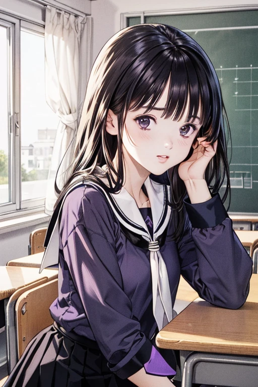 (8K、top-quality、​masterpiece:1.2)、(realisitic、ultra-detailliert、超A high resolution、beautifull detailed face,perfect body,(1girl,black long hair),(school uniform,sailor suit,purple shirts,navy skirt,white tie),cotrapposto,in classroom,portrait
