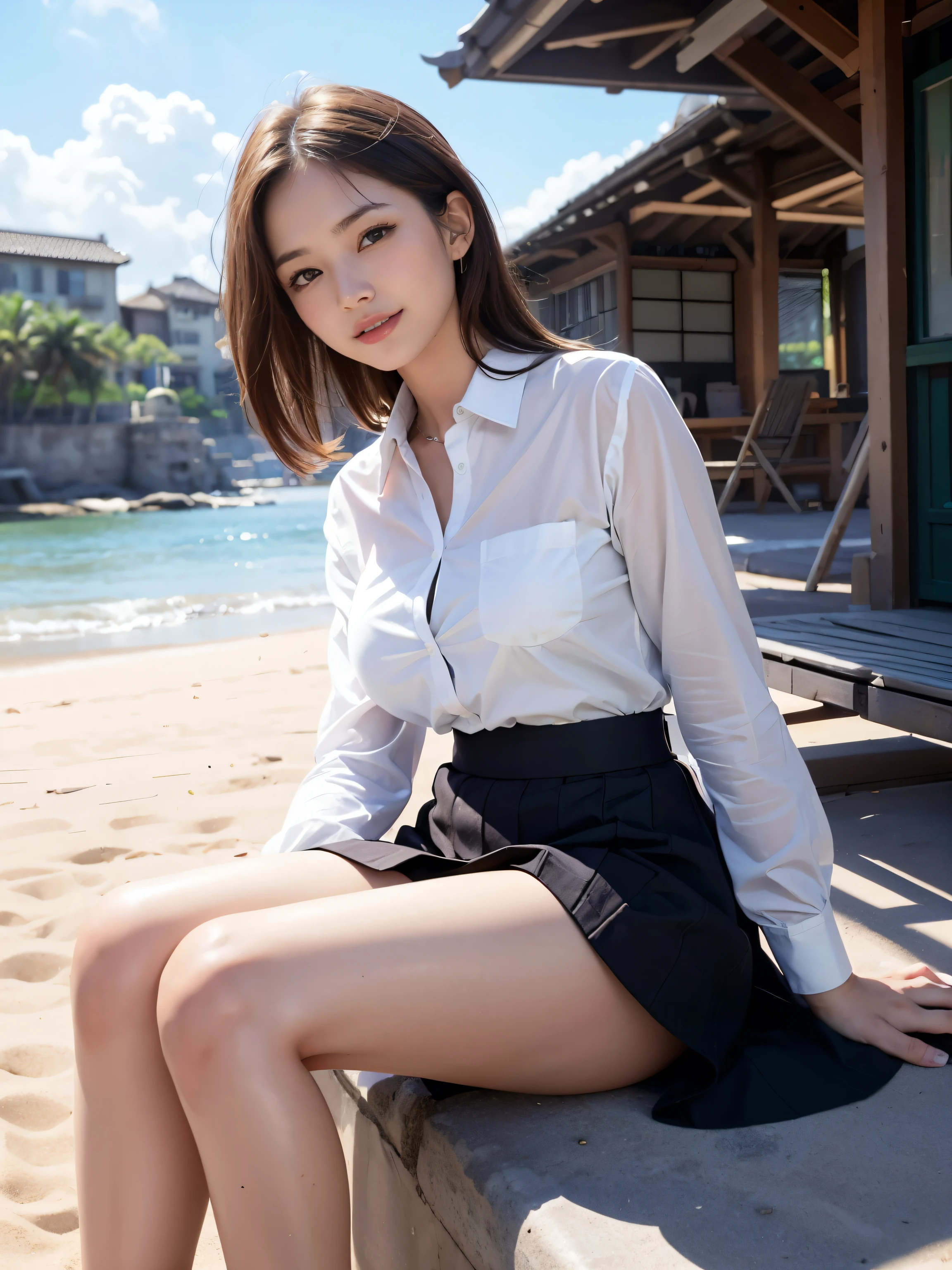(reality: 1.4),highest quality, masterpiece, high detail, 16K quality, beautiful, 1 beautiful girl,japanese,super beautiful face,baby face,japanese idol face,cute face,super detailed face,detailed hand,beautiful skin,oily skin,big eyes,profeccional lighting,medium hair,black hair,brown beautiful eyes, sitting with kee up,big smile,legs spread,(skirt lift),big breasts,see through white shirt,open button,(checked skirt),(white pantie),black high socks,she is looking at the camera,summer time,beach,blue sky,blue ocean, nsfw,from front,