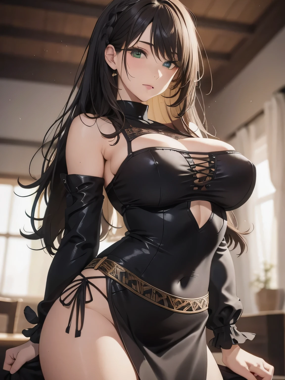 masterpiece, top quality, Raw photo, 8k, high resolution, Photorealsitic, finely detail, Very detailed, sharp focus, Cinematic, Light on Face, ((long black wavy hair)), ((green eyes)),
((blur, depth of fields, Close-up face:1.3)), ((1girl, extra detailed Delicate beautiful face, have high sexual climax,enduring sexual sensations:1.6)),upper body, cowboy shots,
Black brawn messy hair, long hair, green eyes,
casual clothes, off shoulder, knitted sweater, skirt, perfect big breasts