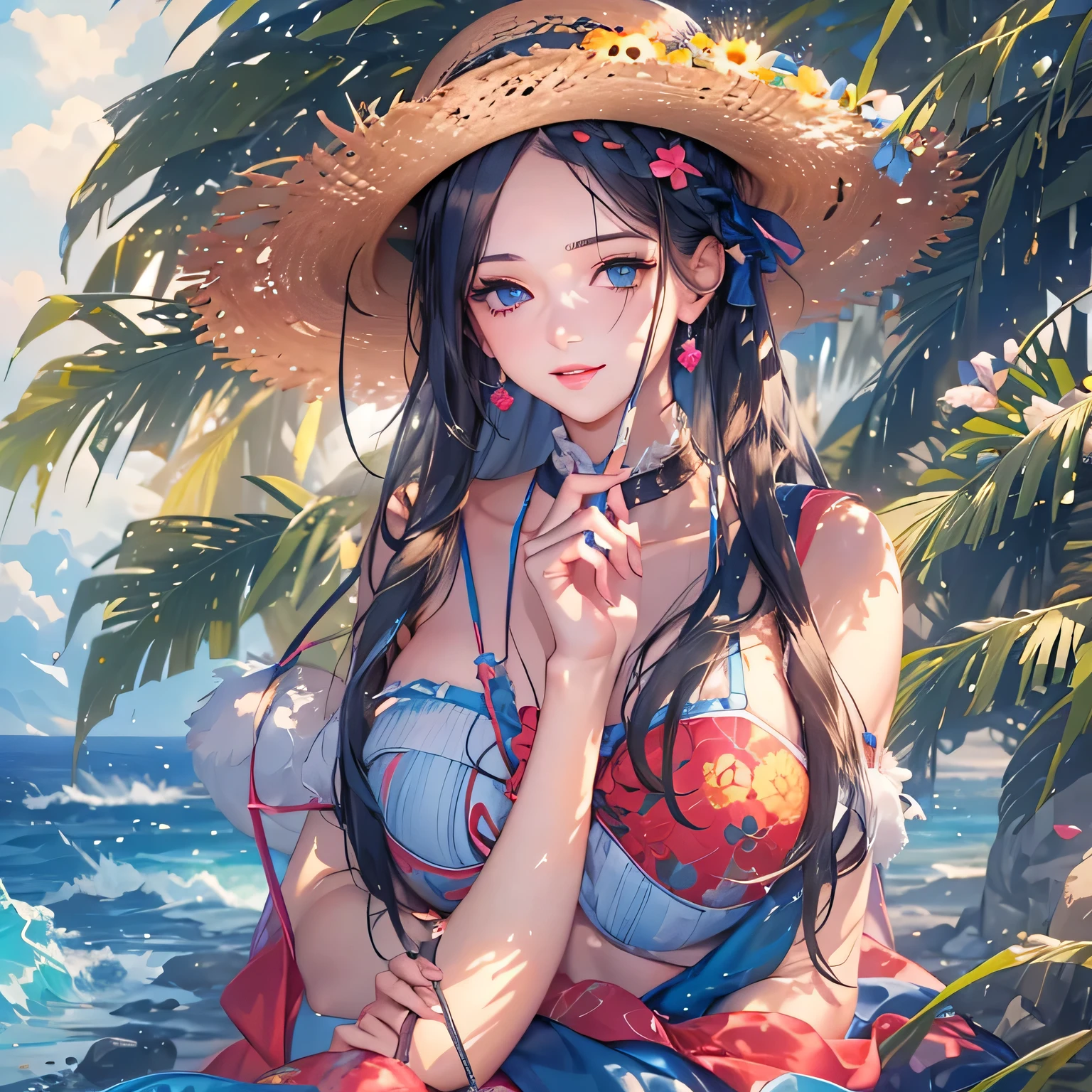 a anime girl poses in a bikini at the beach with a hat covering her head, 1girl, breasts, outdoors, swimsuit, squatting, jewelry, bikini, solo, smile, hat, navel, day, black hair, earrings, cleavage, looking at viewer, string bikini, large breasts, necklace, side-tie bikini bottom, sky, long hair, collarbone, halterneck, grin, bare shoulders, stomach, floral print, beach, flower, cloud, straw hat