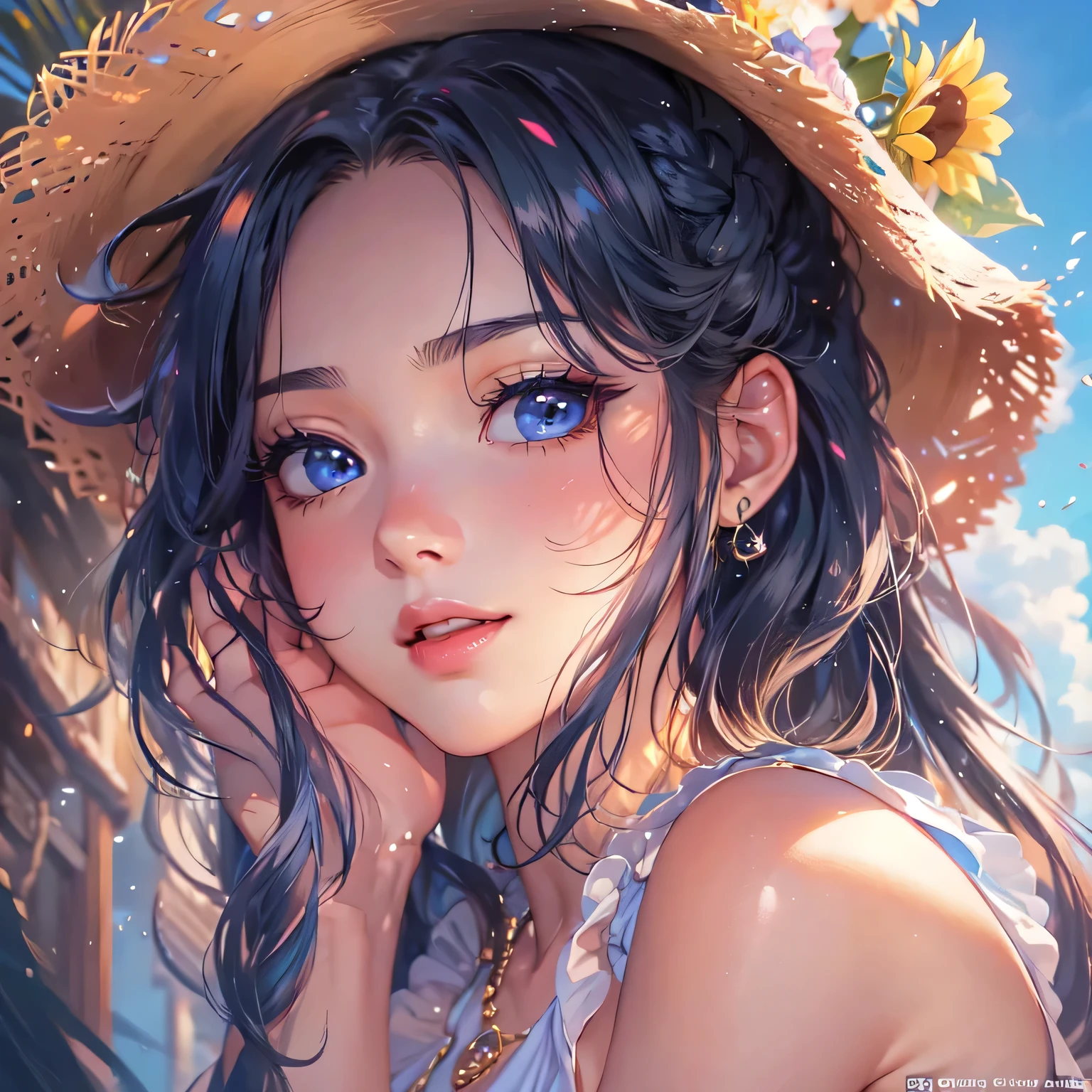 masterpiece、highest quality、High resolution、High-quality images、8k, 1 female、Skin Radiance、Texture of skin and clothing、Expression of fine eyes、Shiny light black hair,Girl with long braided hair, Manga inspired by Lee Jong-suk, Trending on deviantart, realism, detailed manga style, Manga art style, Perfect Line Drawing, Beautiful line art, digital manga art girl, K-POPアイドル, one piece,Large Breasts,Beautiful dark blue eyes, Lips become thicker, Gorgeous face with attention to detail, (Cute Smile), charm, Innocent, Side view, (Perfectly detailed face), (Beautiful Hands) Photorealistic images, Written boundary depth, Princess Hairstyles, sunflower, Straw hat, Bikini Swimwear , Amazing ocean,Beautiful sea,Romanticism,