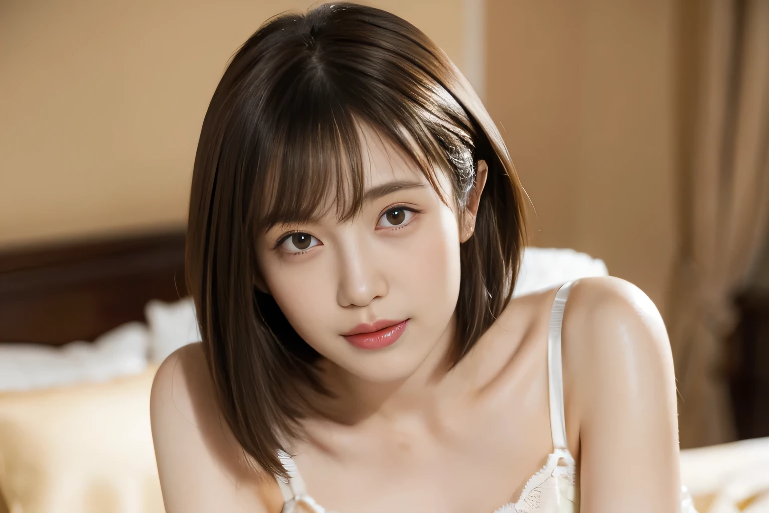 (Highest quality:1.5), (Realistic:1.5), (1 person:1.5), (crop top navel), (all fours), Seductively Posing, very detailed, okay, high resolution, 8k wallpaper, perfect dynamic composition, upper body, small breasts, natural colored lips, cute smile, Japanese woman, 20 year old girl, beautiful and classy face, perfect and beautiful face, beautiful and okay eyes, big eyes, brunette eyes, Beautiful and elegant face, perfect and beautiful double eyelids, natural bangs, beautiful thin nose, beautiful skin, chestnut brown hair, medium bob hair, short cut, natural bangs, perfect and beautiful face, slim face and style, (looking at camera), bright lighting, professional lighting, forward lighting , natural smile, on bed, cute lace bra, cute lace panties,