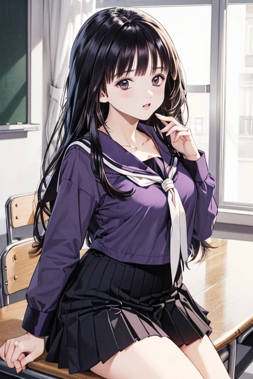 (8K、top-quality、​masterpiece:1.2)、(realisitic、ultra-detailliert、超A high resolution、beautifull detailed face,perfect body,(1girl,black long hair),(school uniform,sailor suit,purple shirts,navy skirt,white tie),cotrapposto,cleavage,in classroom,portrait
