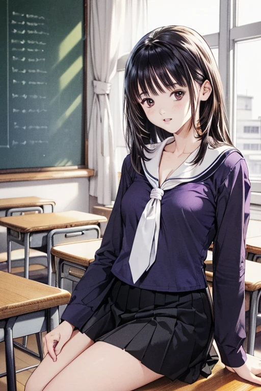 (8K、top-quality、masterpiece:1.2)、(realisitic、ultra-detailliert、超A high resolution、beautifull detailed face,perfect body,(1girl,black long hair),(school uniform,sailor suit,purple shirts,navy skirt,white tie),cotrapposto,cleavage,in classroom,portrait
